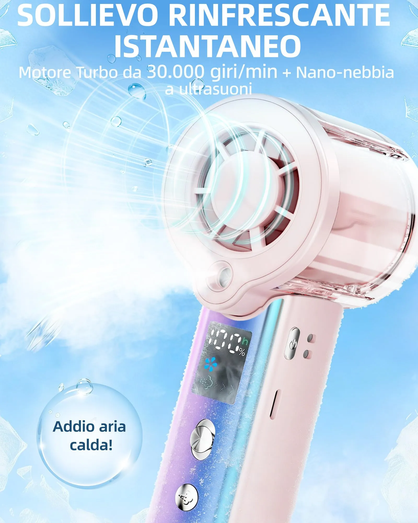 Carehabi Ventilatore Portatile con Nebulizzatore, USB Ricaricabile 3000mAh, Display LED, 1-100 Velocità, 16000 RPM, Pieghevole 115 Gradi con Cordino da Collo - immagine 2