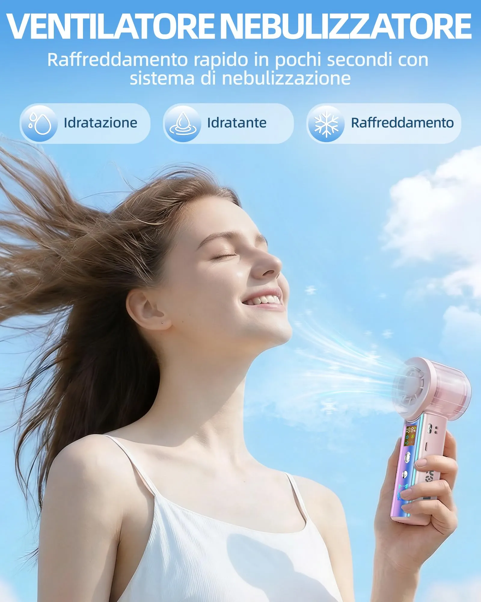 Carehabi Ventilatore Portatile con Nebulizzatore, USB Ricaricabile 3000mAh, Display LED, 1-100 Velocità, 16000 RPM, Pieghevole 115 Gradi con Cordino da Collo - immagine 3