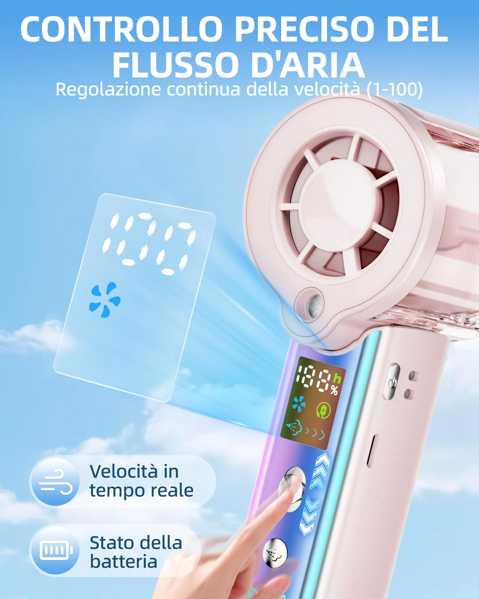 Carehabi Ventilatore Portatile con Nebulizzatore, USB Ricaricabile 3000mAh, Display LED, 1-100 Velocità, 16000 RPM, Pieghevole 115 Gradi con Cordino da Collo - immagine 4
