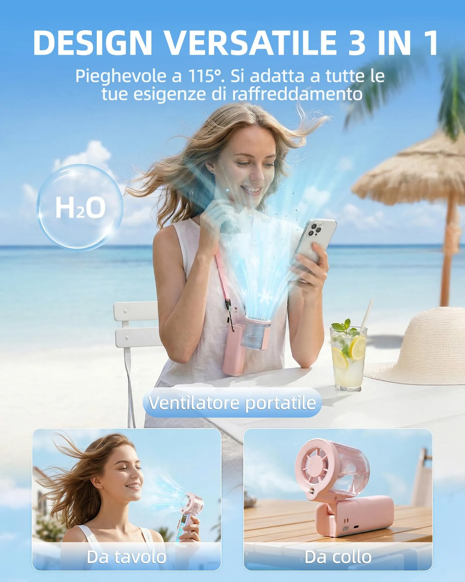 Carehabi Ventilatore Portatile con Nebulizzatore, USB Ricaricabile 3000mAh, Display LED, 1-100 Velocità, 16000 RPM, Pieghevole 115 Gradi con Cordino da Collo - immagine 5