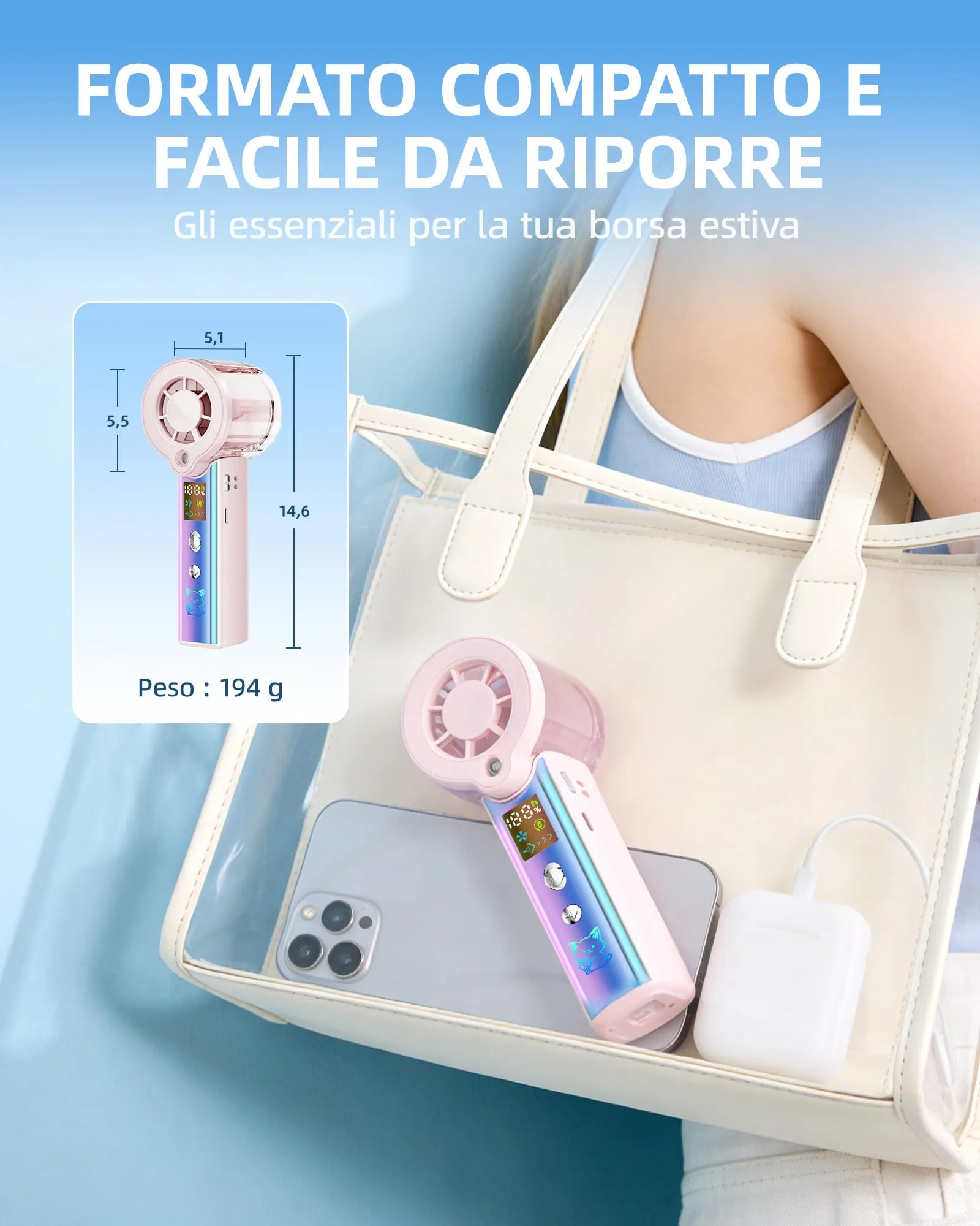 Carehabi Ventilatore Portatile con Nebulizzatore, USB Ricaricabile 3000mAh, Display LED, 1-100 Velocità, 16000 RPM, Pieghevole 115 Gradi con Cordino da Collo - immagine 8