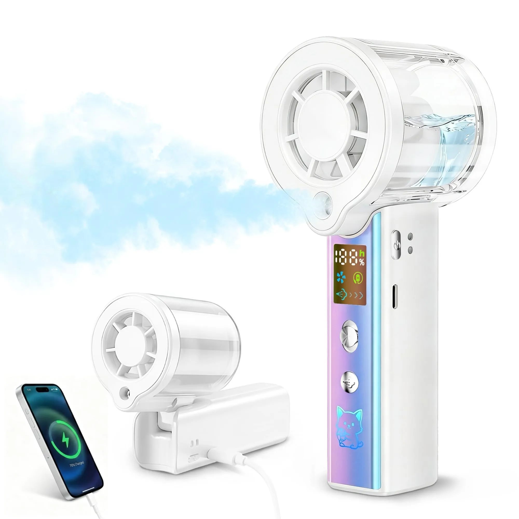 Carehabi Ventilatore Portatile con Nebulizzatore, USB Ricaricabile 3000mAh, Display LED, 1-100 Velocità 16000 RPM, Pieghevole 115 Gradi con Cordino da Collo - immagine 1
