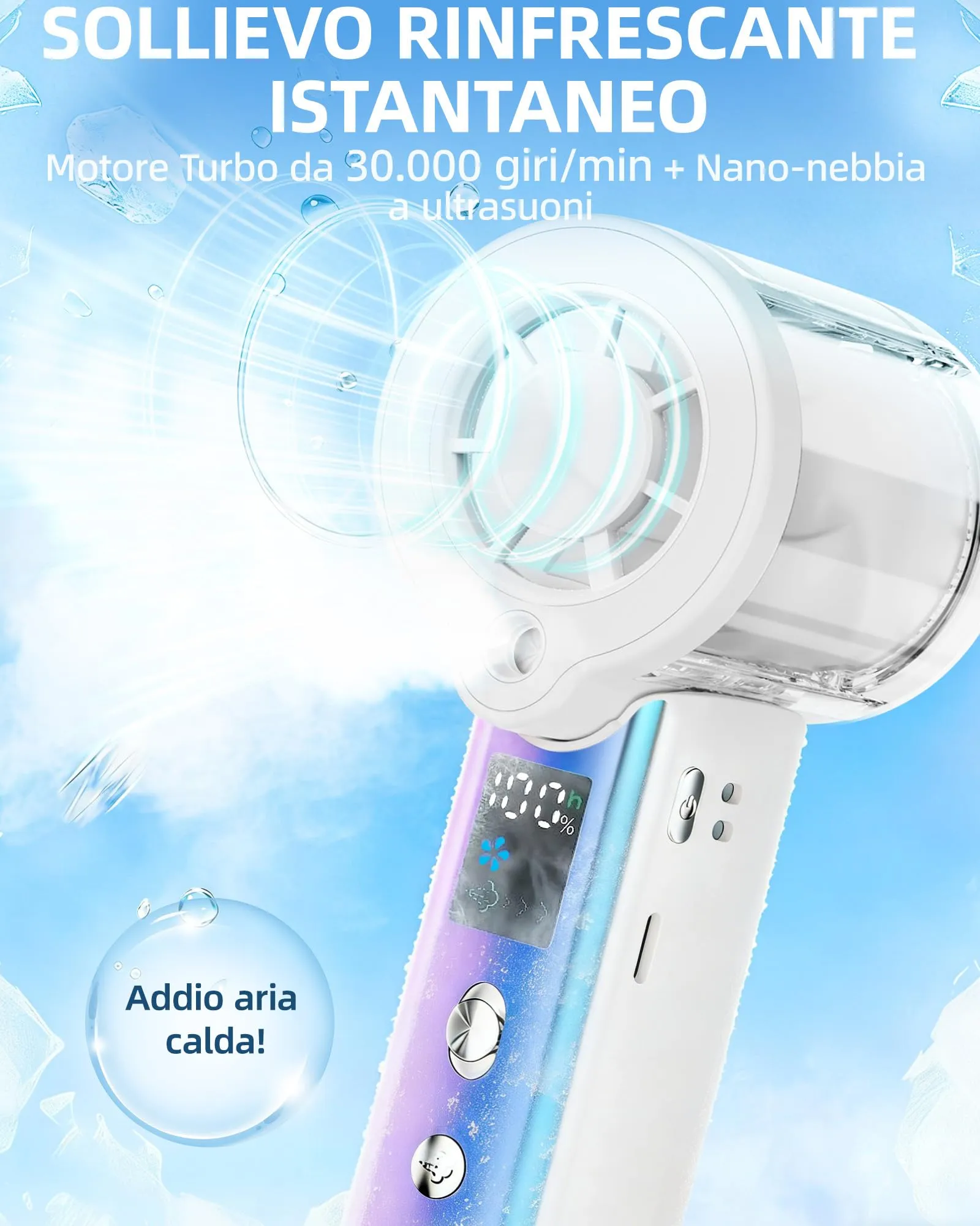 Carehabi Ventilatore Portatile con Nebulizzatore, USB Ricaricabile 3000mAh, Display LED, 1-100 Velocità 16000 RPM, Pieghevole 115 Gradi con Cordino da Collo - immagine 2