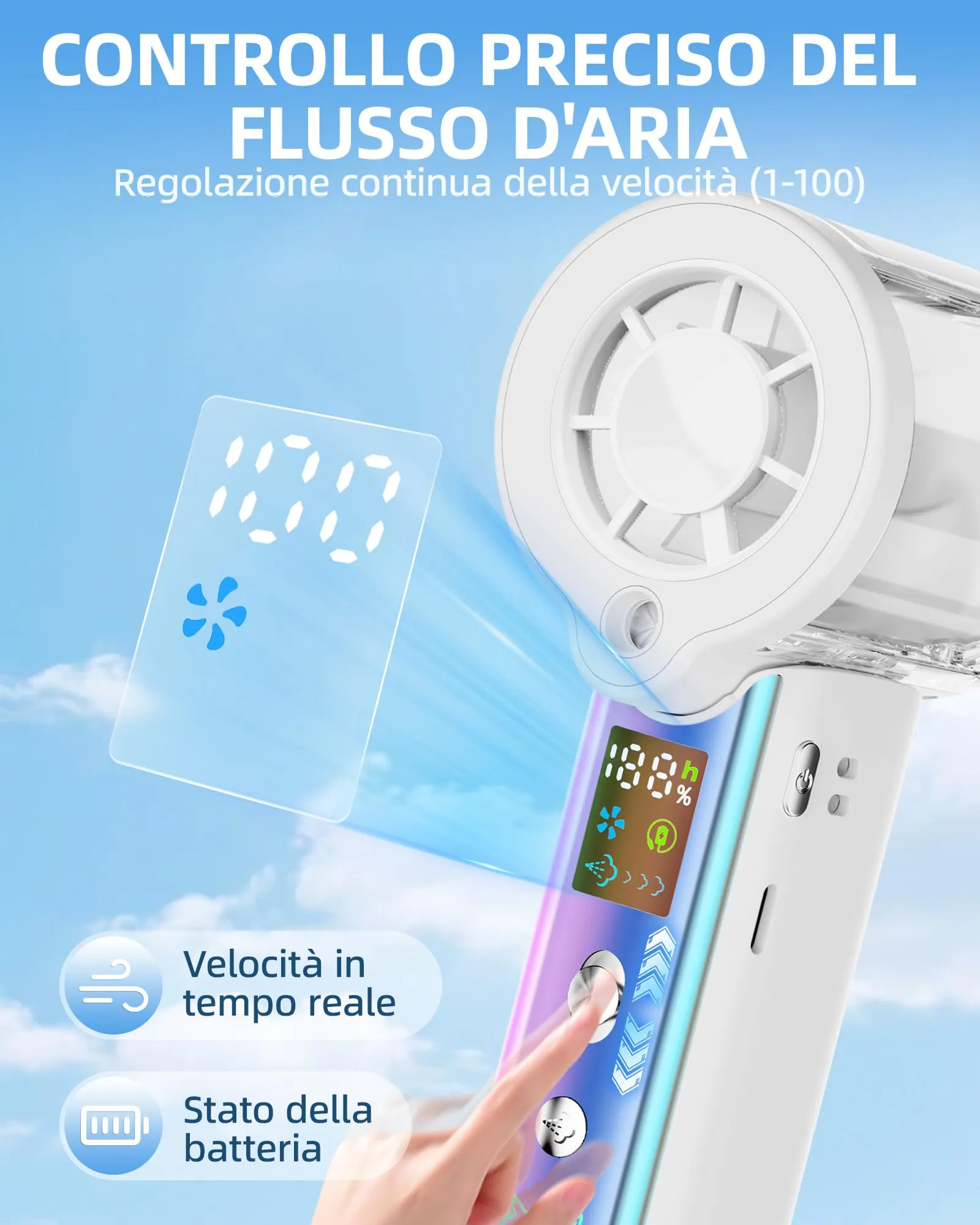 Carehabi Ventilatore Portatile con Nebulizzatore, USB Ricaricabile 3000mAh, Display LED, 1-100 Velocità 16000 RPM, Pieghevole 115 Gradi con Cordino da Collo - immagine 4