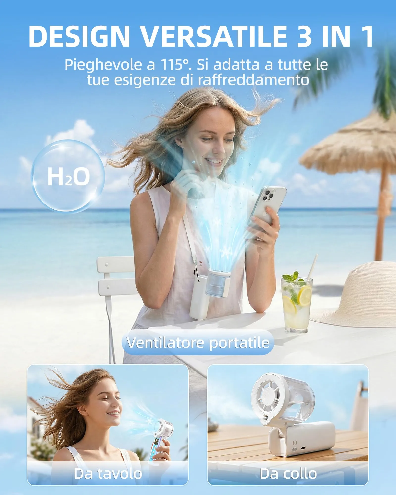 Carehabi Ventilatore Portatile con Nebulizzatore, USB Ricaricabile 3000mAh, Display LED, 1-100 Velocità 16000 RPM, Pieghevole 115 Gradi con Cordino da Collo - immagine 5