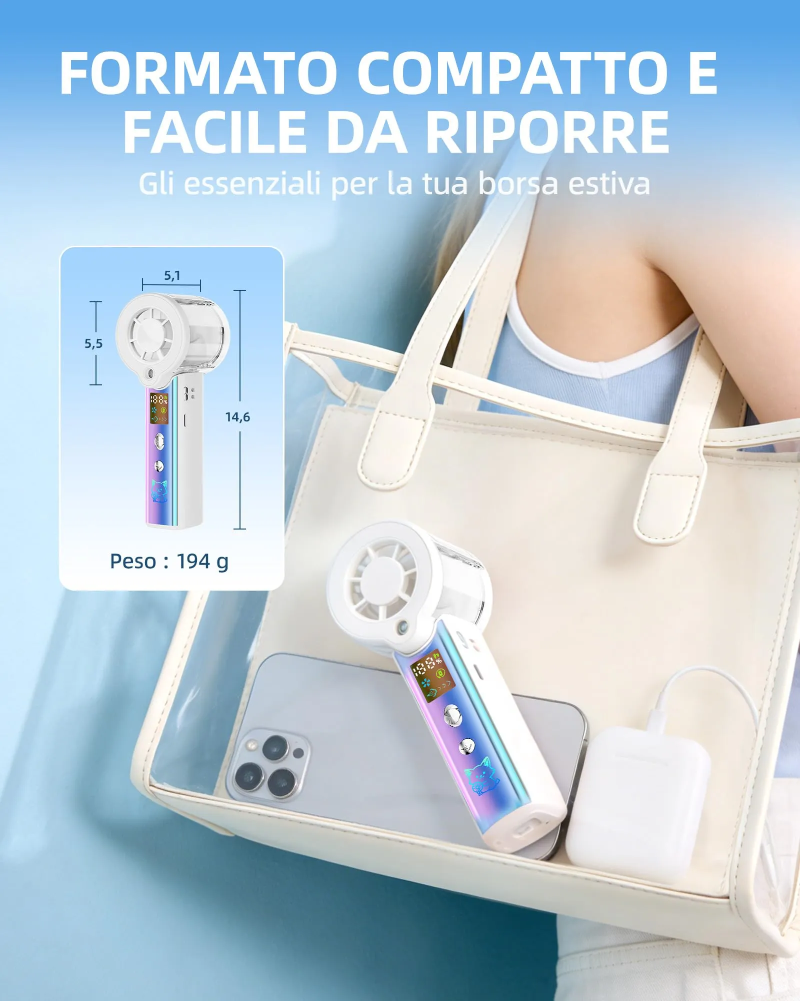 Carehabi Ventilatore Portatile con Nebulizzatore, USB Ricaricabile 3000mAh, Display LED, 1-100 Velocità 16000 RPM, Pieghevole 115 Gradi con Cordino da Collo - immagine 8