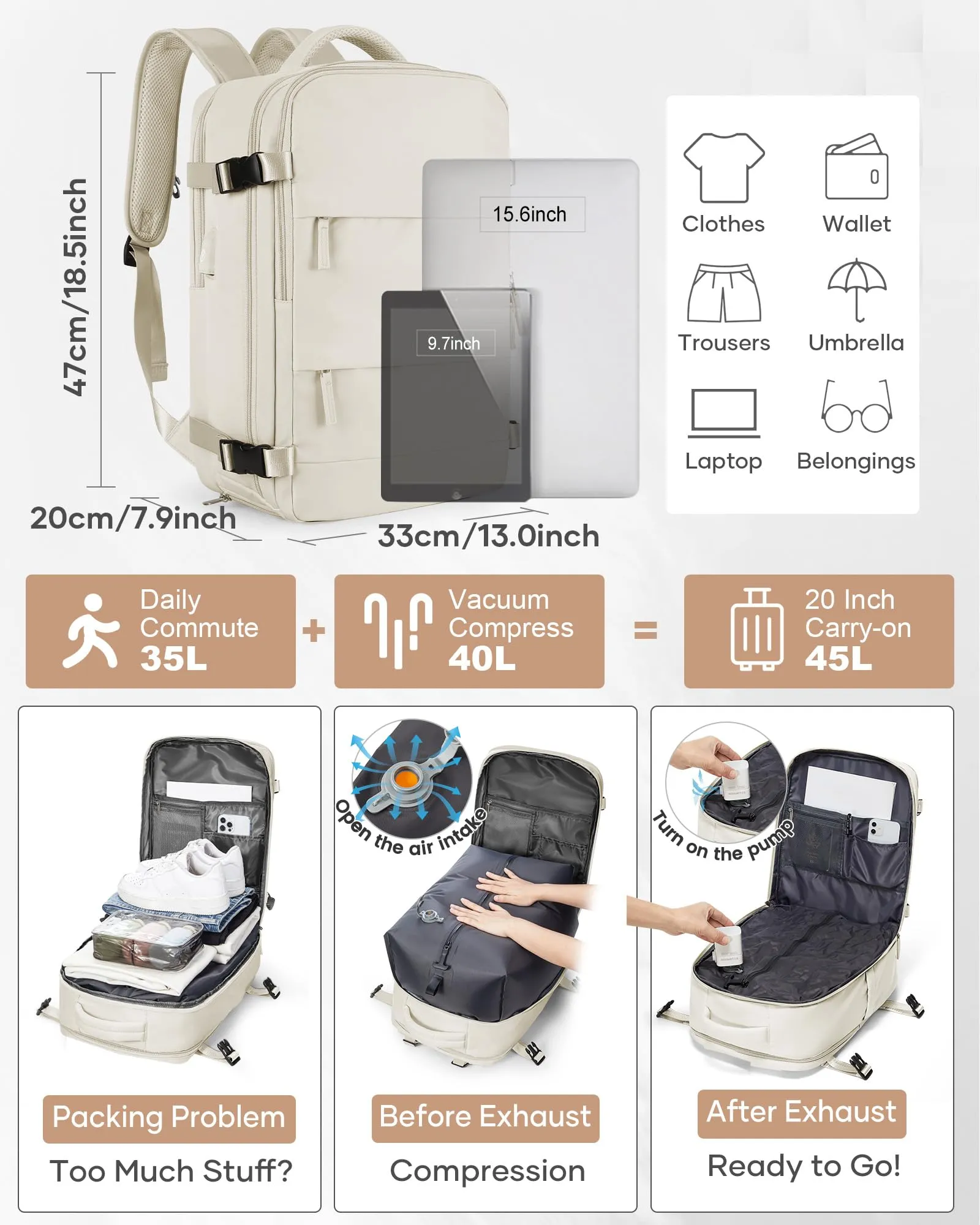 SZLX Zaino da Viaggio Sottovuoto con Pompa 40x30x20 per Ryanair Wizzair, Impermeabile con Scomparto Laptop 14 Pollici e Scomparto per Scarpe - immagine 3