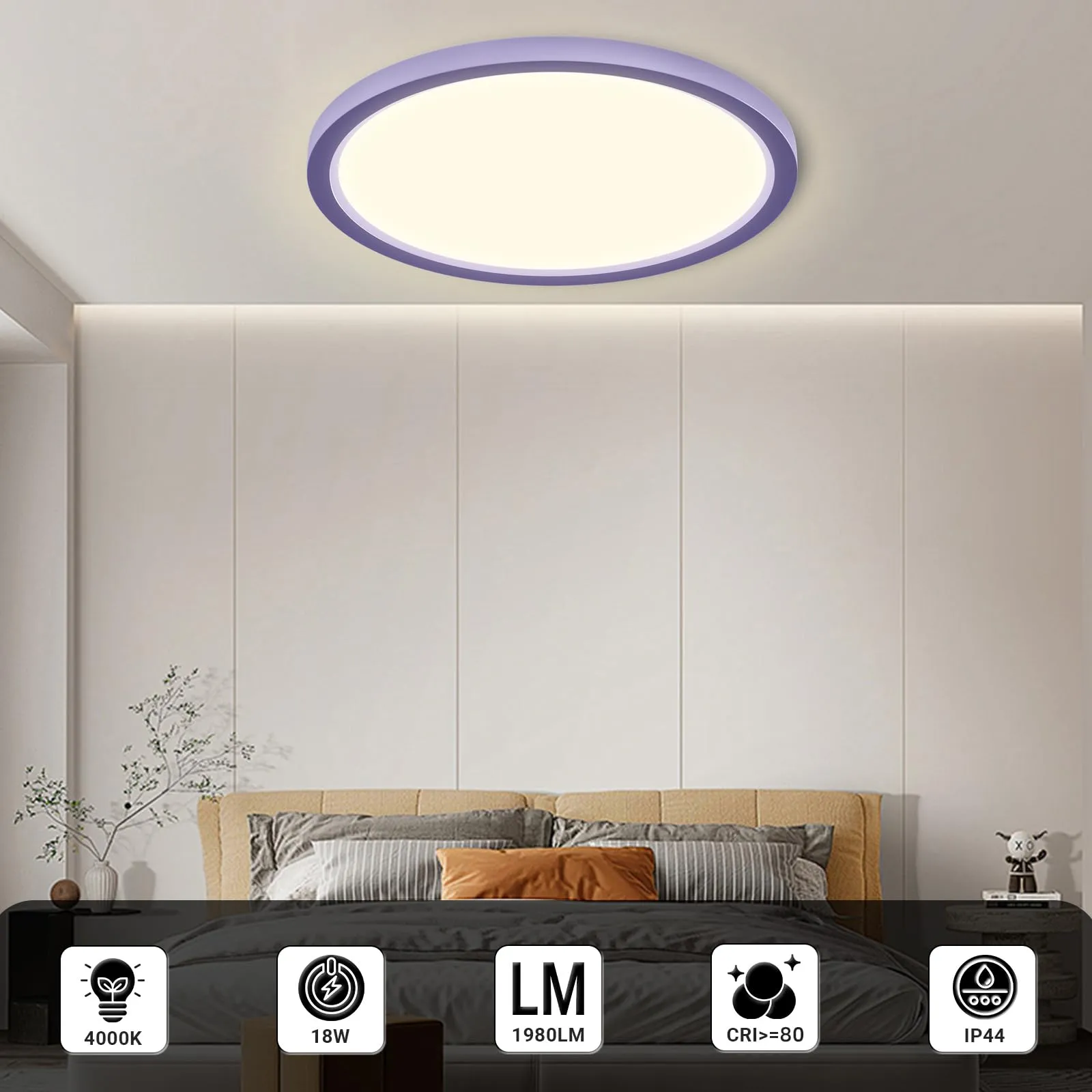 LQWELL Plafoniera LED Rotonda Piatta IP44, 18W 4000K 1980LM, 220 x 18mm - immagine 2