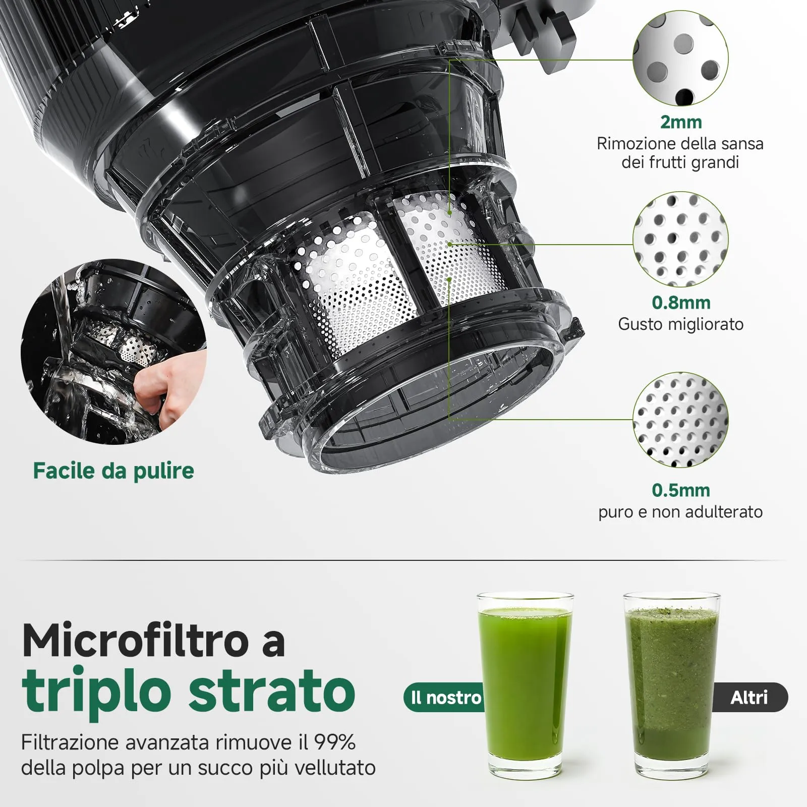 AMZCHEF Estrattore di Succhi Professionale SJ-036, 250W, Apertura 150mm, Capacità 2L, Triplo Filtro - Nero - immagine 4