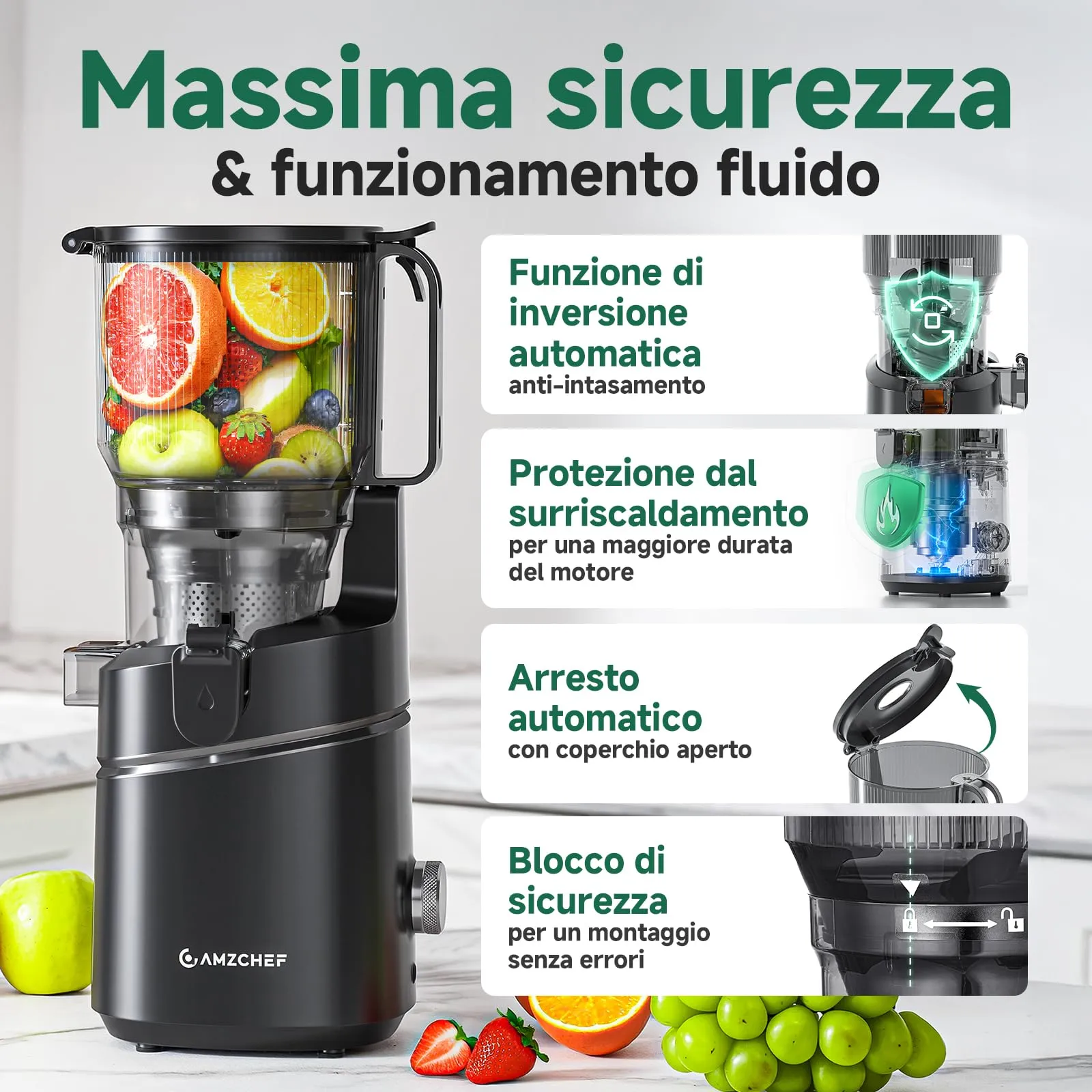 AMZCHEF Estrattore di Succhi Professionale SJ-036, 250W, Apertura 150mm, Capacità 2L, Triplo Filtro - Nero - immagine 5