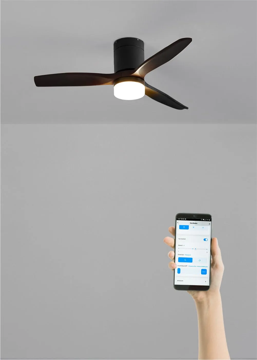 CREATE Windcalm Ventilatore da soffitto con luce, Nero, Wifi e telecomando, 40W, Ø112 cm, 6 velocità, 3 temperature di luce, funzione estate-inverno - immagine 4