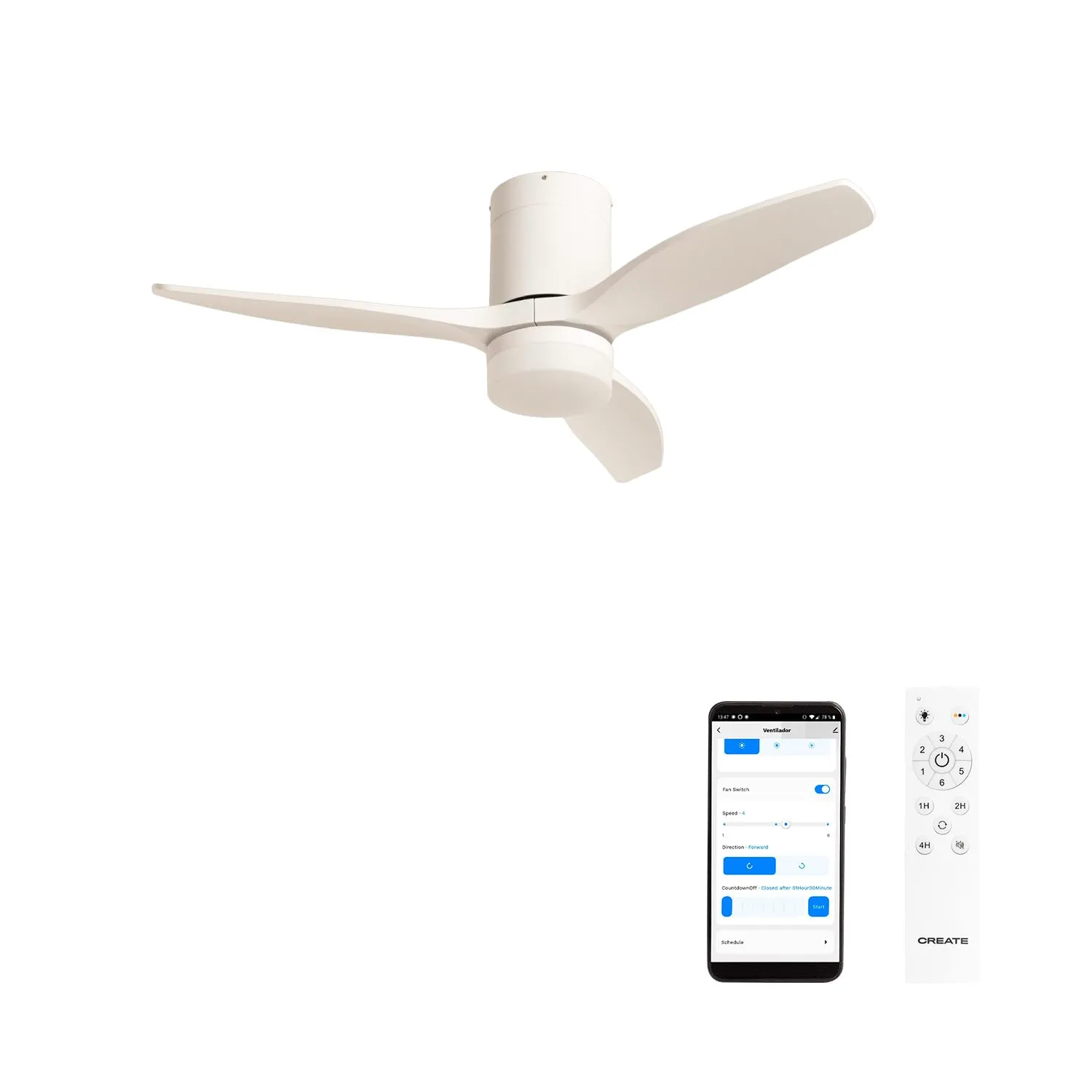 CREATE Windcalm Ventilatore da soffitto ABS con luce, Wifi e telecomando, 40W, Bianco, 112 cm - immagine 1