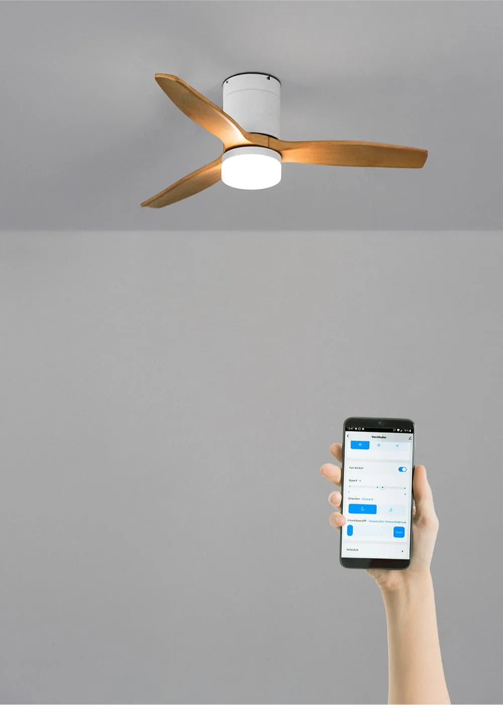 CREATE Windcalm Ventilatore da soffitto ABS con luce, Bianco Effetto Legno Chiaro, Wifi e telecomando, 40W, Ø112 cm - immagine 4