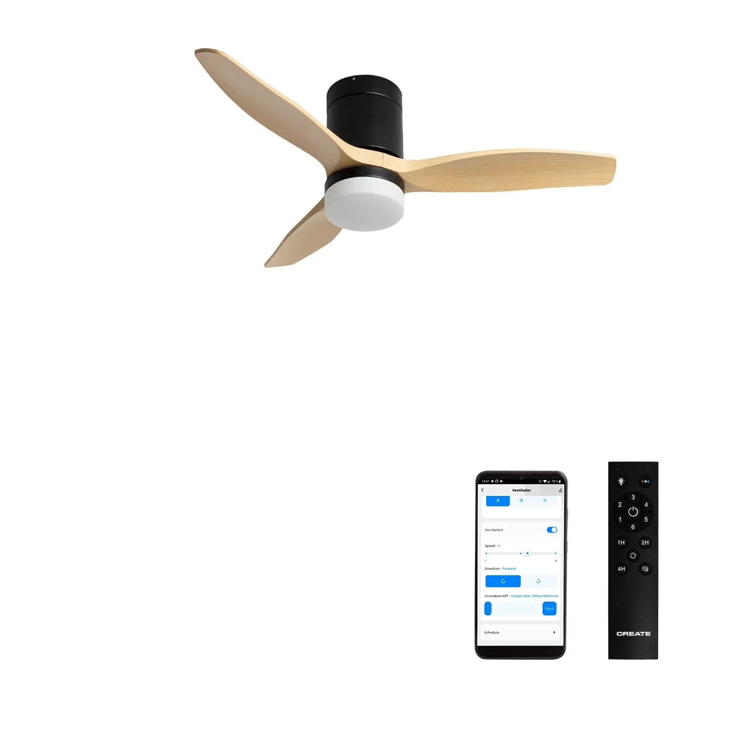 CREATE Windcalm Ventilatore da soffitto ABS con luce, Nero e Effetto Legno Chiaro, Wifi e Telecomando, 40W, Ø112 cm, 6 velocità, 3 temperature di luce, funzione estate-inverno - immagine 1