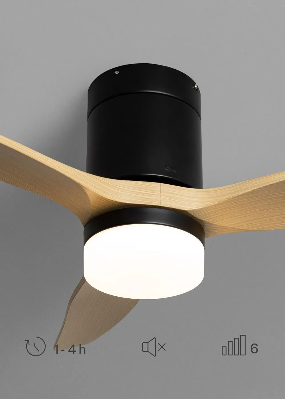 CREATE Windcalm Ventilatore da soffitto ABS con luce, Nero e Effetto Legno Chiaro, Wifi e Telecomando, 40W, Ø112 cm, 6 velocità, 3 temperature di luce, funzione estate-inverno - immagine 4