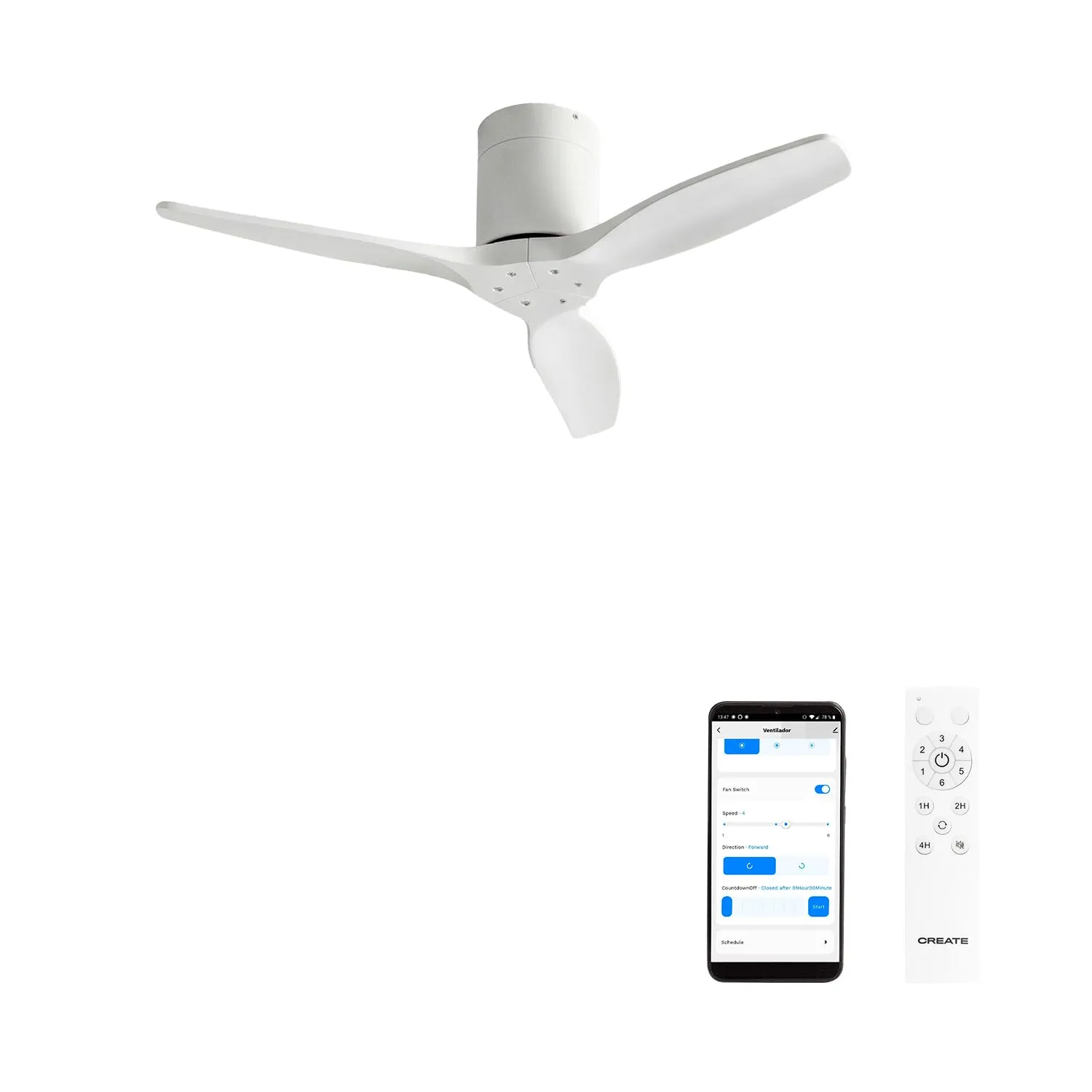 CREATE Windcalm Ventilatore da soffitto ABS bianco con Wifi e telecomando, 40W, Ø112 cm, 6 velocità, temporizzatore, funzione estate-inverno - immagine 1