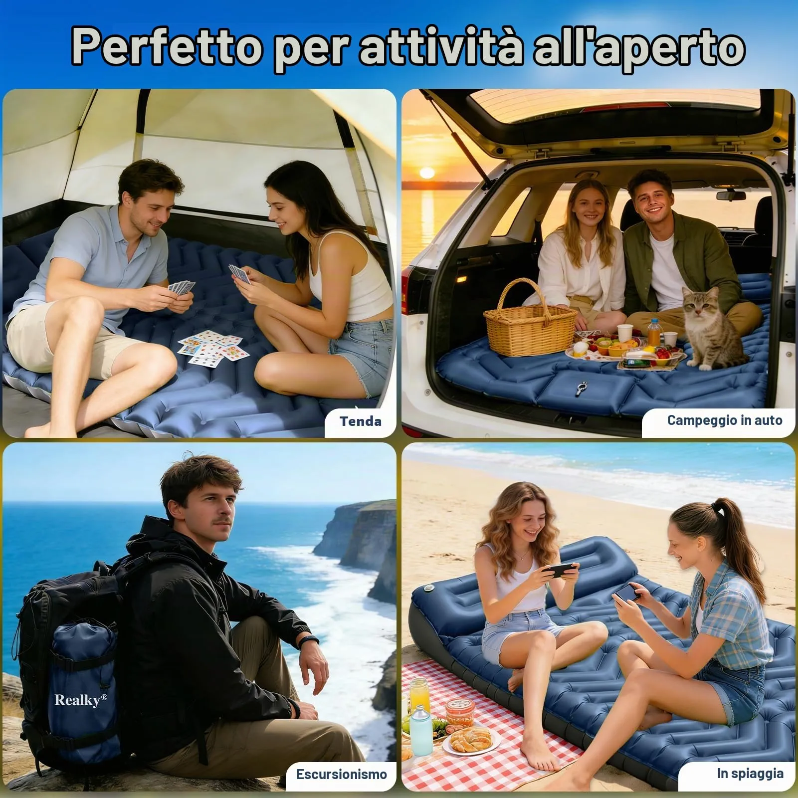 Realky Materassino da campeggio gonfiabile per 2 persone, 195 x 135 x 9 cm, con pompa a piedi, PW-4BX3 - immagine 4