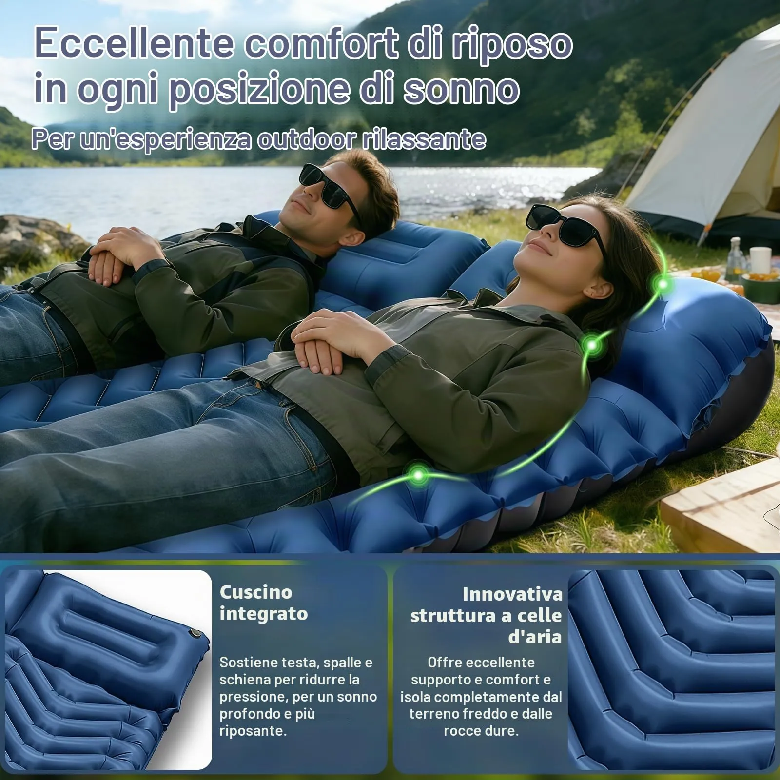 Realky Materassino da campeggio gonfiabile per 2 persone, 195 x 135 x 9 cm, con pompa a piedi, PW-4BX3 - immagine 5