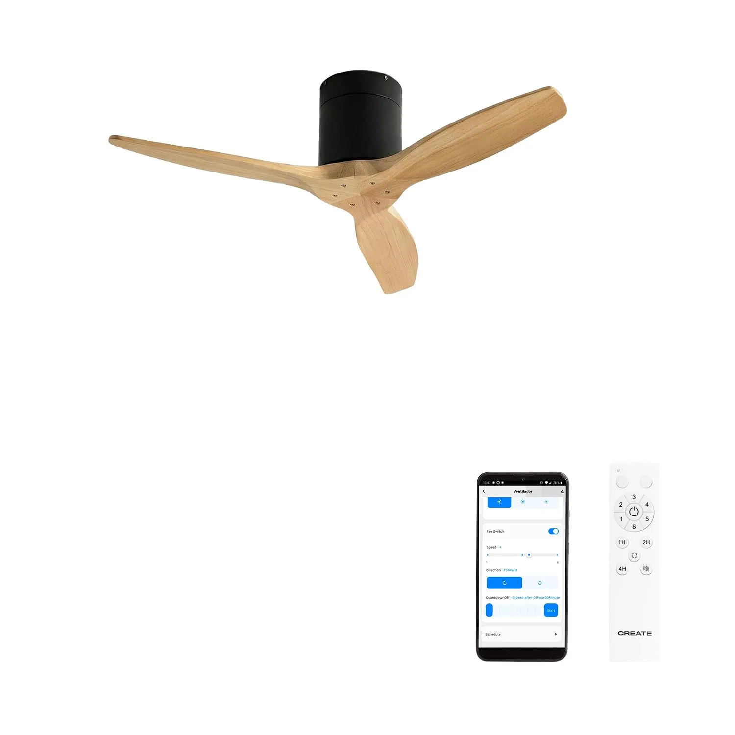CREATE Windcalm Ventilatore da Soffitto ABS Nero con Pale Effetto Legno Chiaro, Wifi, Telecomando, 40W, Ø112 cm, 6 Velocità, Funzione Estate-Inverno - immagine 1