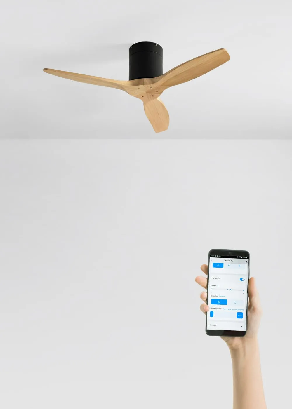 CREATE Windcalm Ventilatore da Soffitto ABS Nero con Pale Effetto Legno Chiaro, Wifi, Telecomando, 40W, Ø112 cm, 6 Velocità, Funzione Estate-Inverno - immagine 3