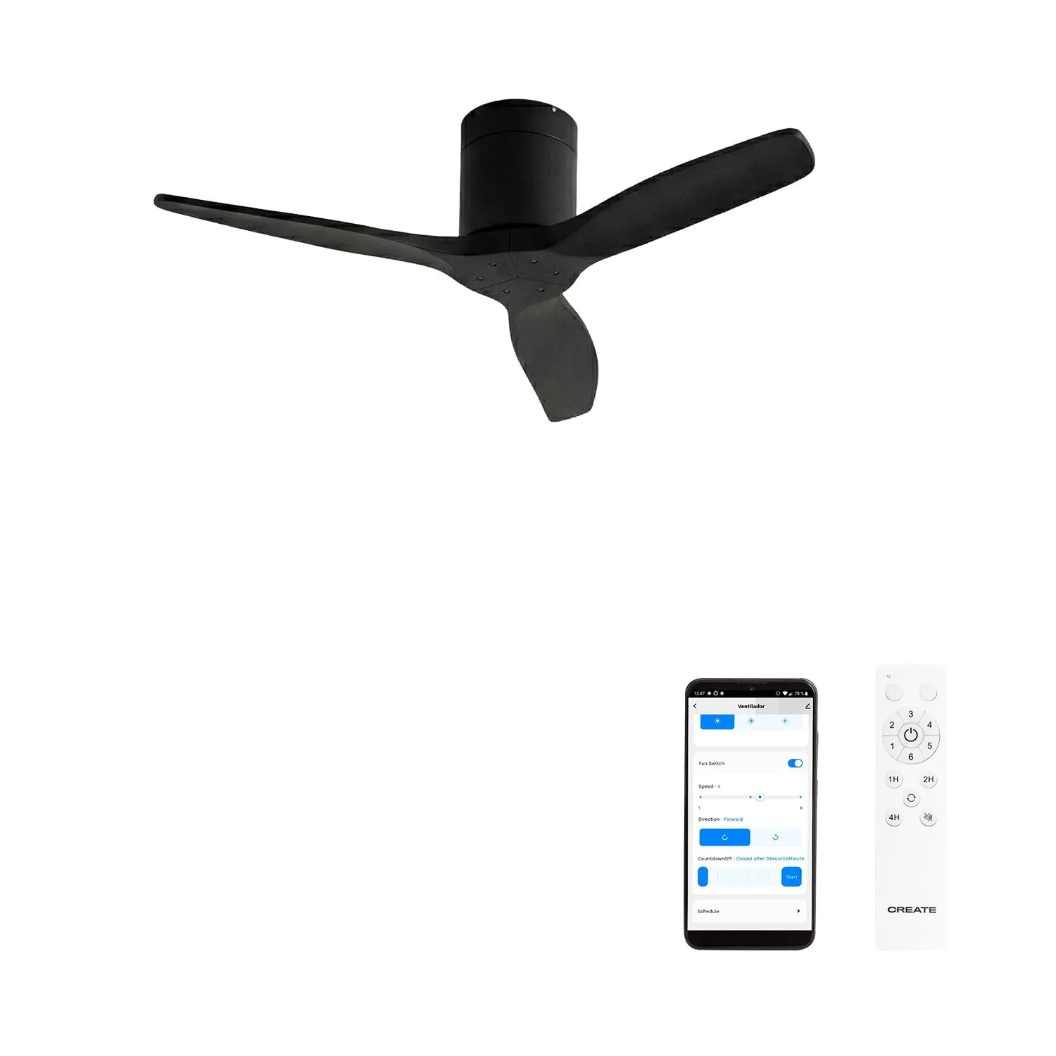 CREATE Windcalm Ventilatore da Soffitto ABS Nero con Wifi e Telecomando, 40W, Ø112 cm, 6 velocità, Temporizzatore, Funzione Estate-Inverno - immagine 1