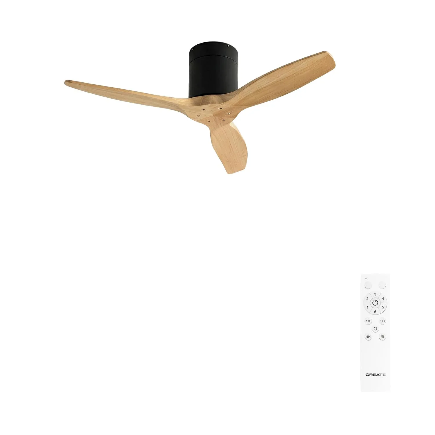 CREATE Windcalm Ventilatore da soffitto ABS Nero effetto legno chiaro con telecomando, 40W, Ø112 cm, 6 velocità, temporizzatore, funzione estate-inverno - immagine 1