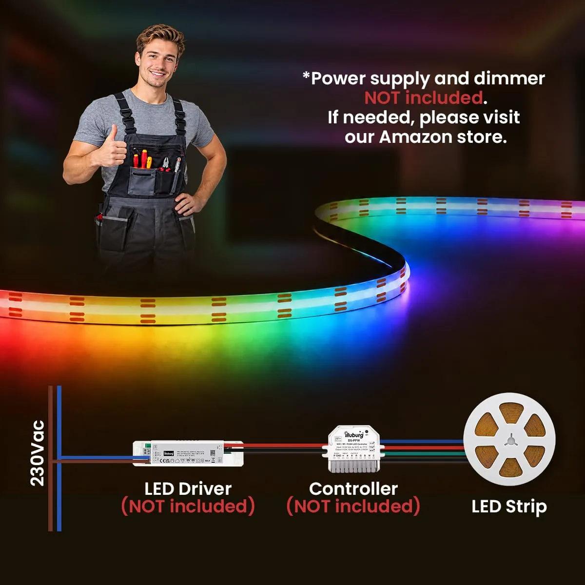 illuburg 24V LED COB RGB Strip 5m 576LED/m CRI90+ Dimmable Self-Adhesive Multicolored - immagine 5