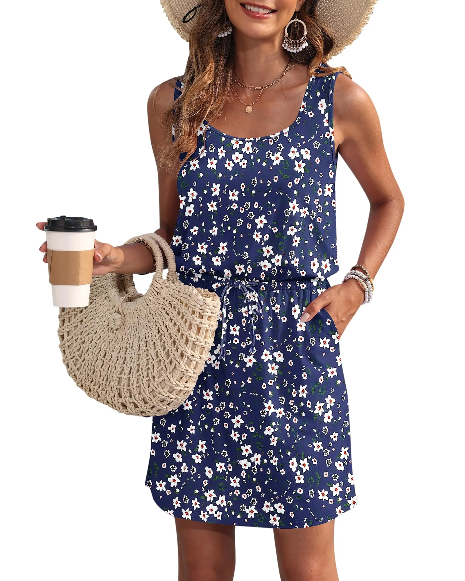 WNEEDU Abito Estivo da Donna Senza Maniche con Coulisse e Tasche - immagine 1