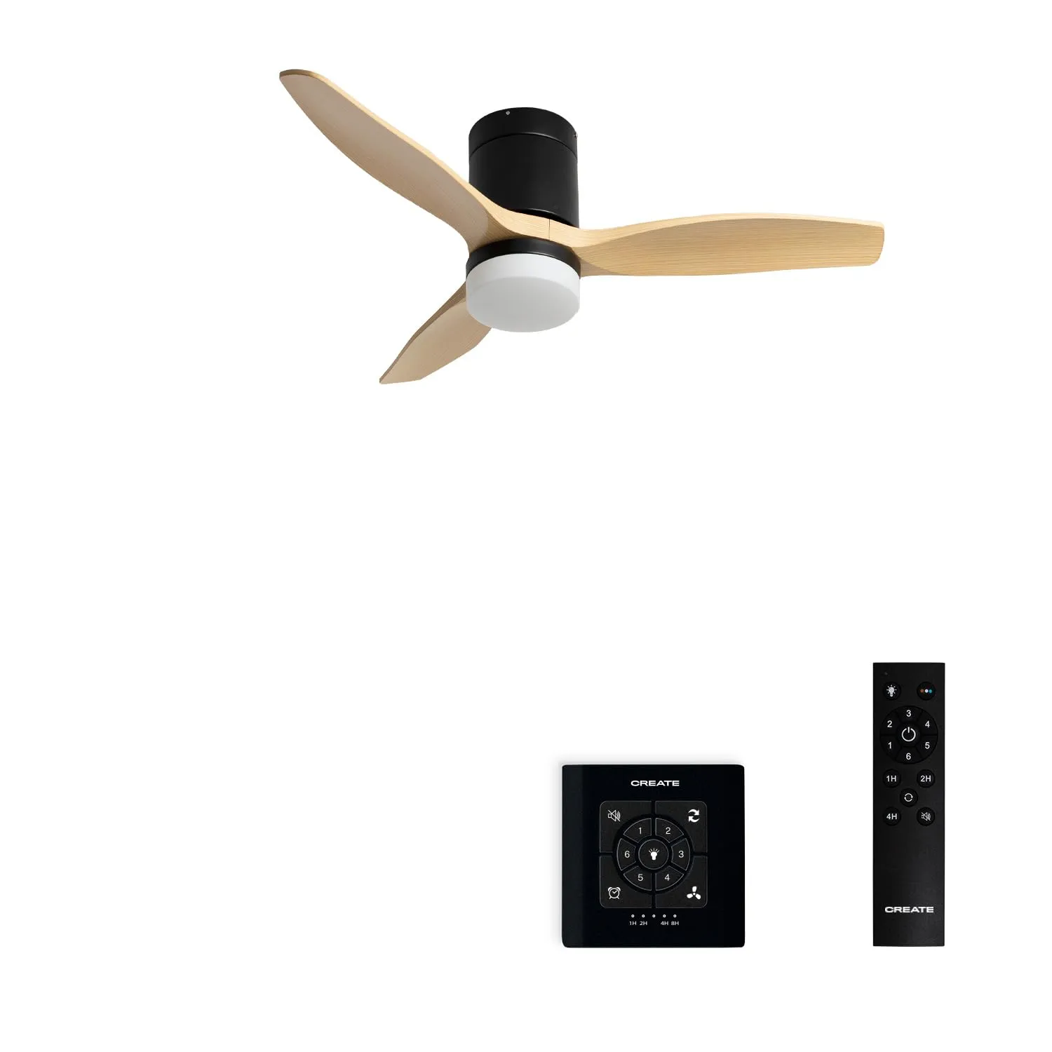 CREATE Windcalm Ventilatore da soffitto con luce, ABS nero effetto legno chiaro, 40W, Ø112 cm, telecomando, funzione estate-inverno - immagine 1