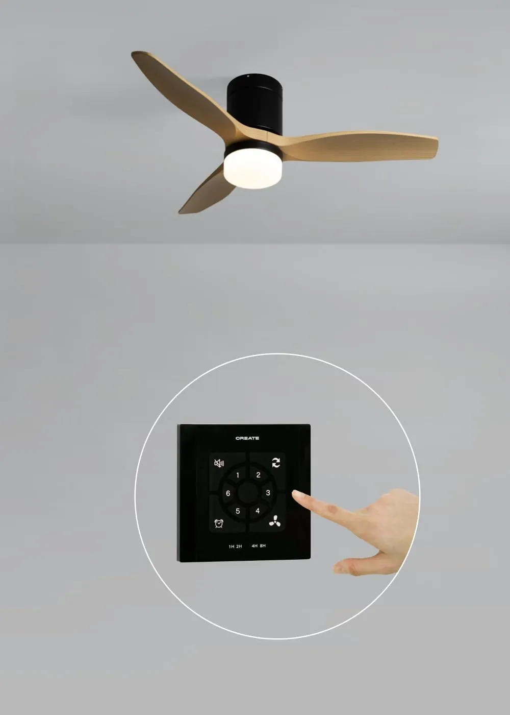 CREATE Windcalm Ventilatore da soffitto con luce, ABS nero effetto legno chiaro, 40W, Ø112 cm, telecomando, funzione estate-inverno - immagine 3