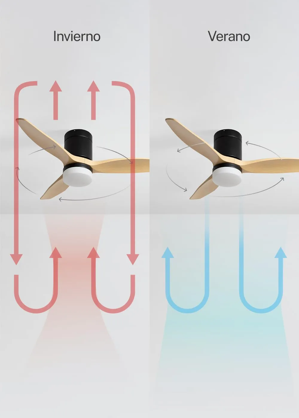 CREATE Windcalm Ventilatore da soffitto con luce, ABS nero effetto legno chiaro, 40W, Ø112 cm, telecomando, funzione estate-inverno - immagine 6