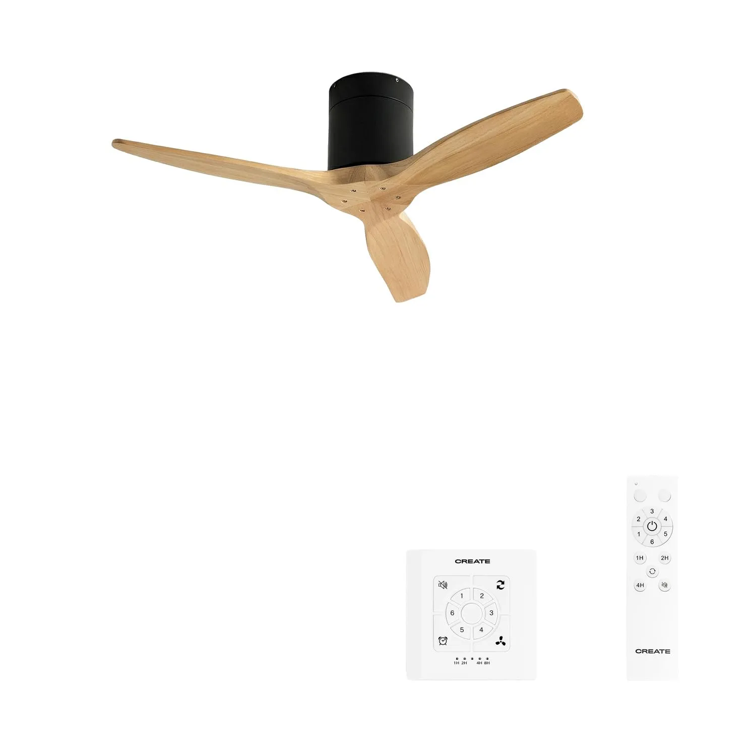 CREATE Windcalm Ventilatore da soffitto ABS nero pale effetto legno chiaro, 40W, Ø112 cm, 6 velocità, con telecomando e funzione estate-inverno - immagine 1