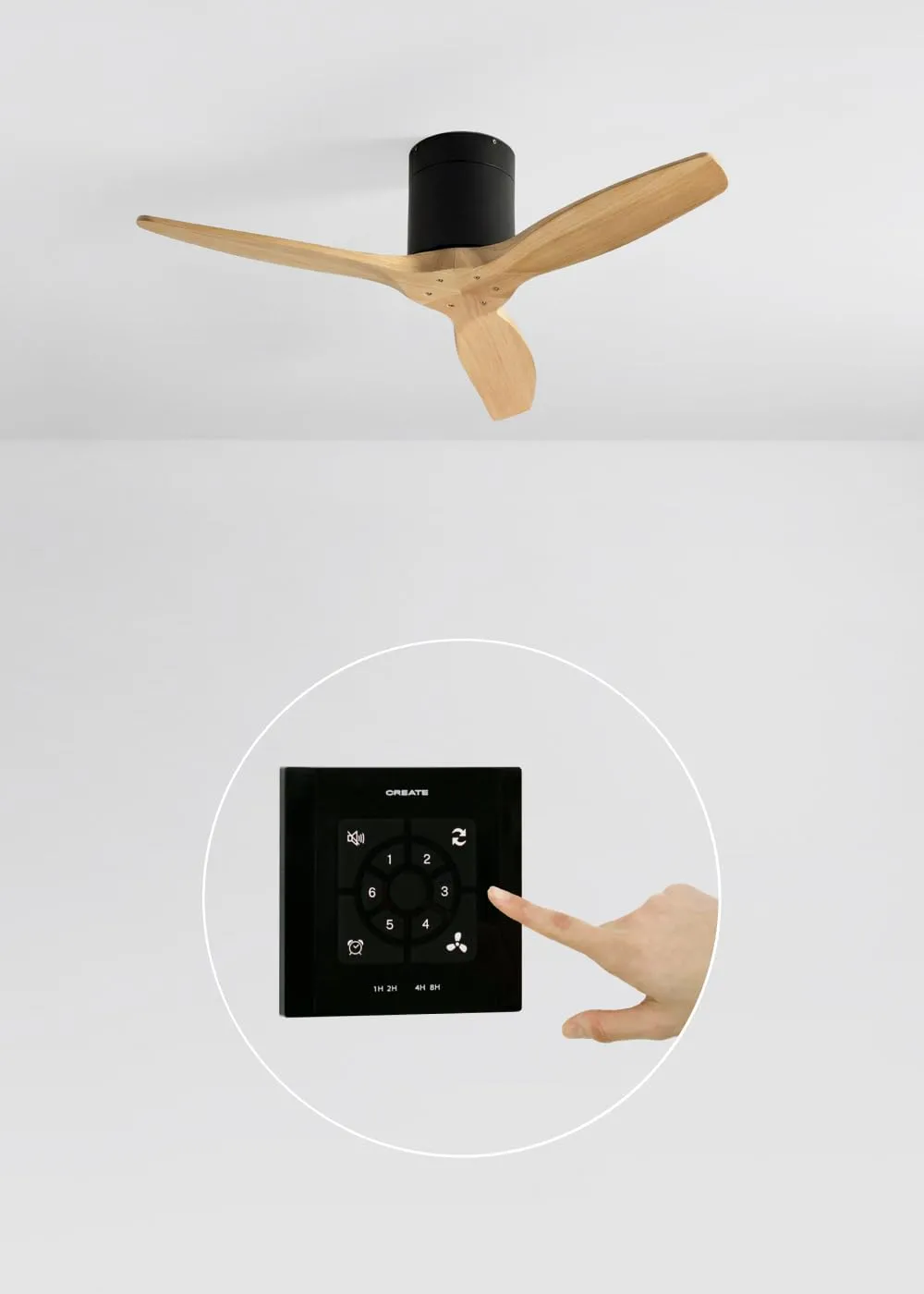 CREATE Windcalm Ventilatore da soffitto ABS nero pale effetto legno chiaro, 40W, Ø112 cm, 6 velocità, con telecomando e funzione estate-inverno - immagine 3