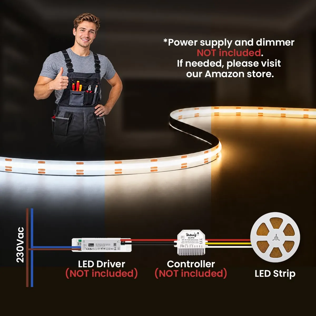 illuburg Striscia LED COB CCT 24V 2700K-6500K 10m 576LED/m CRI90+ Dimmerabile Autoadesiva - immagine 5