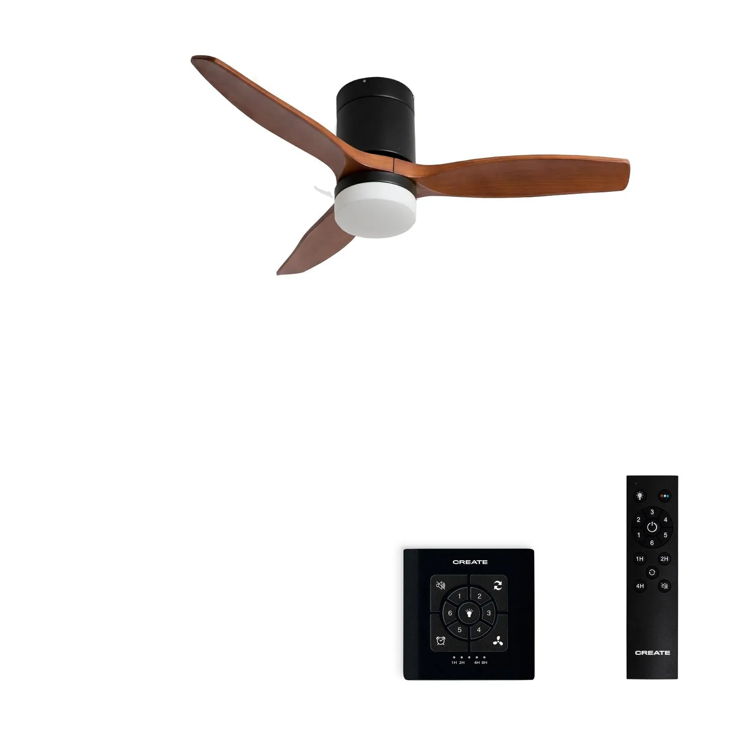 CREATE Windcalm Ventilatore da soffitto ABS con luce, nero e effetto legno scuro, 40W, Ø112 cm, telecomando, funzione estate-inverno - immagine 1