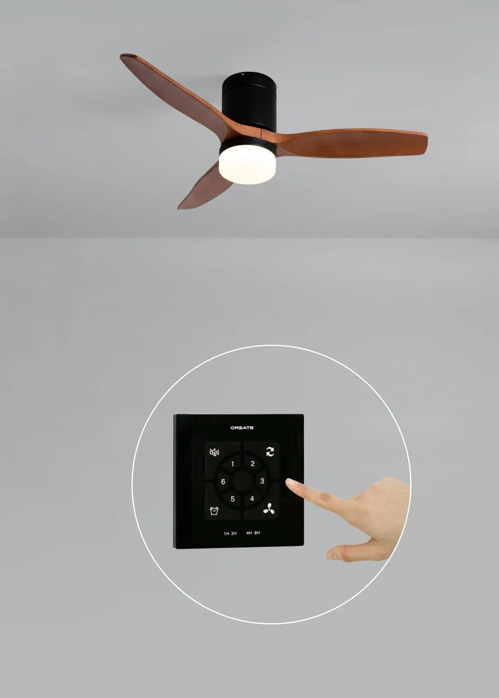 CREATE Windcalm Ventilatore da soffitto ABS con luce, nero e effetto legno scuro, 40W, Ø112 cm, telecomando, funzione estate-inverno - immagine 3