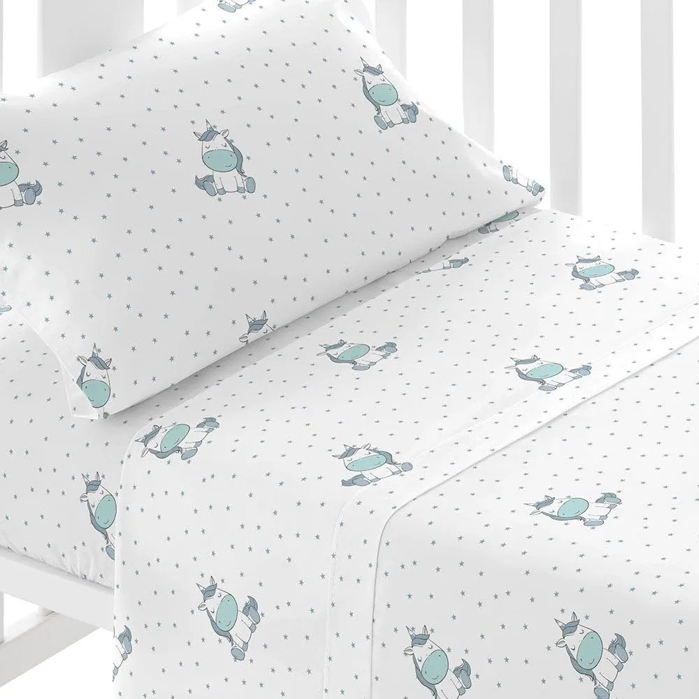 TRAMAS+ Lenzuola Lettino Neonato 50x80 100% Cotone, Set 3 Pezzi, Celeste Con Unicorni - immagine 1