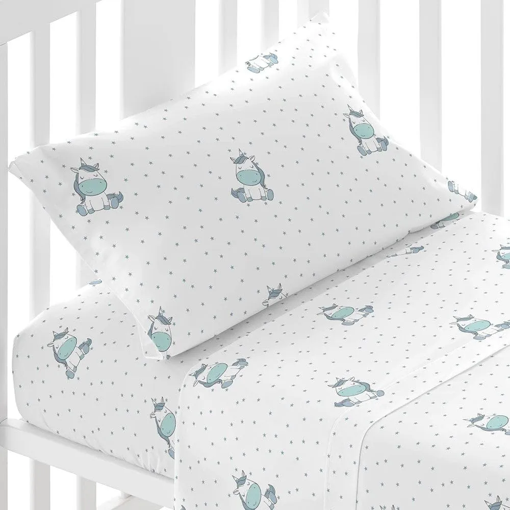 TRAMAS+ Lenzuola Lettino Neonato 50x80 100% Cotone, Set 3 Pezzi, Celeste Con Unicorni - immagine 2