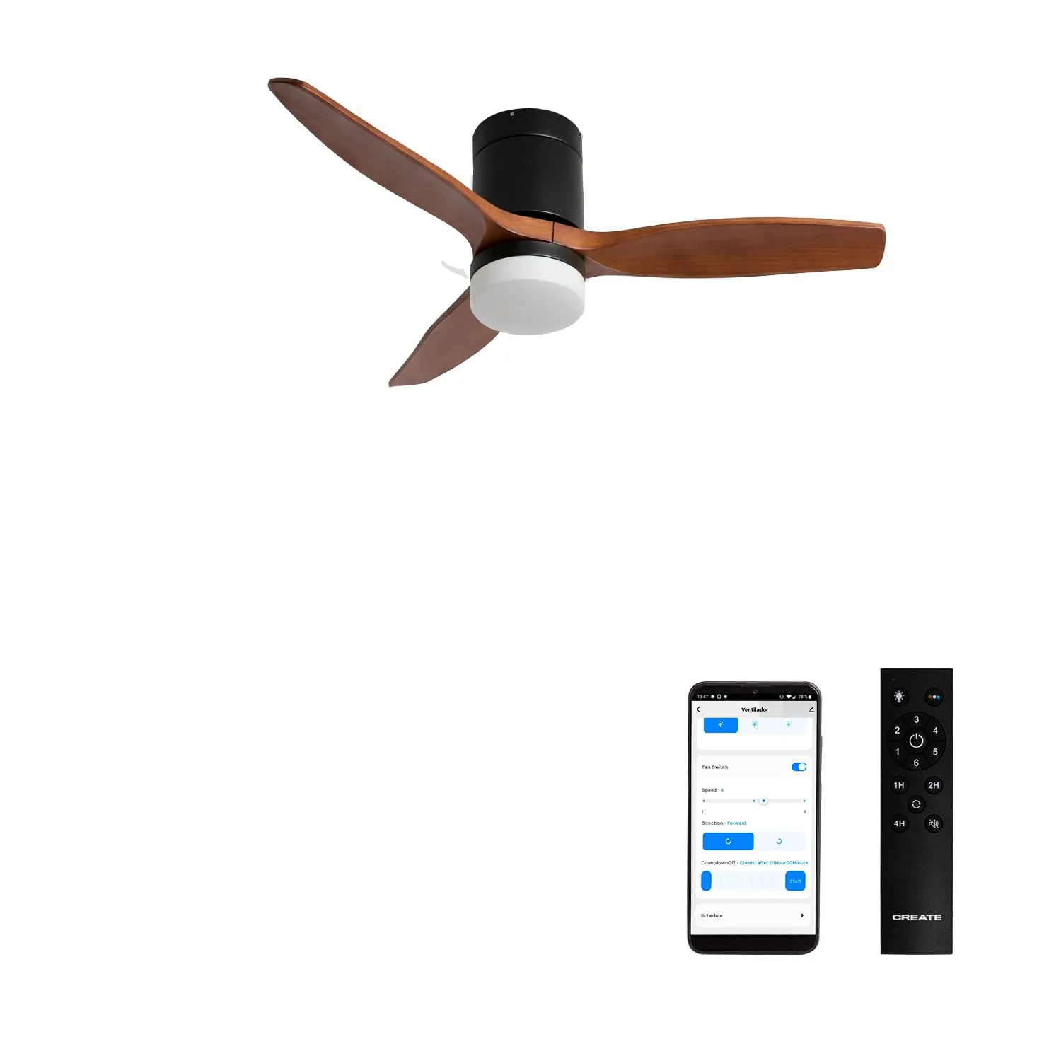 CREATE Windcalm Ventilatore da Soffitto con Luce, Nero Effetto Legno Scuro, Wifi e Telecomando, 40W, Ø112 cm, 6 velocità, Funzione Estate-Inverno - immagine 1