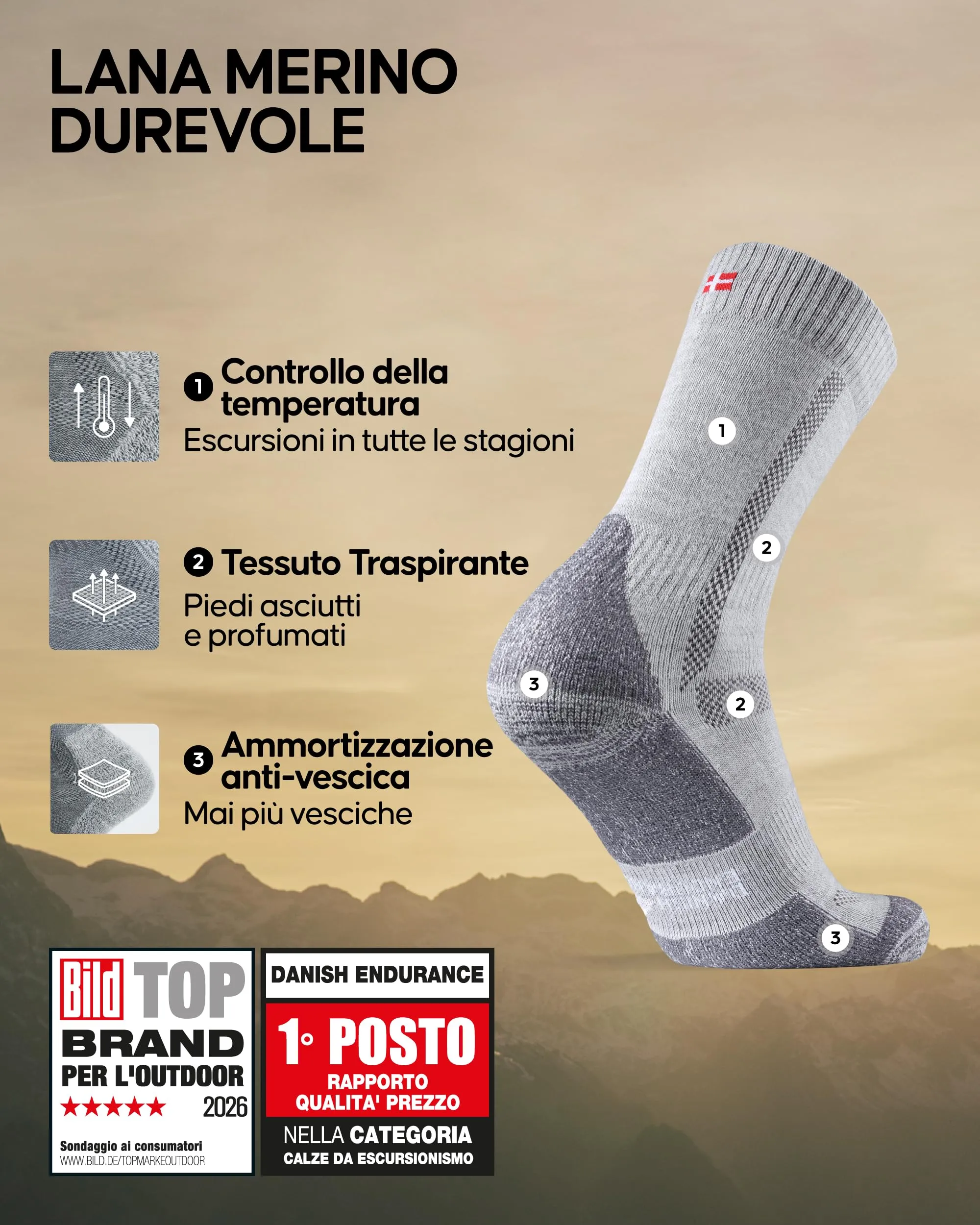 Danish Endurance Calze Trekking Lana Merino, 5 Paia, Multicolore, 35-38 - immagine 2