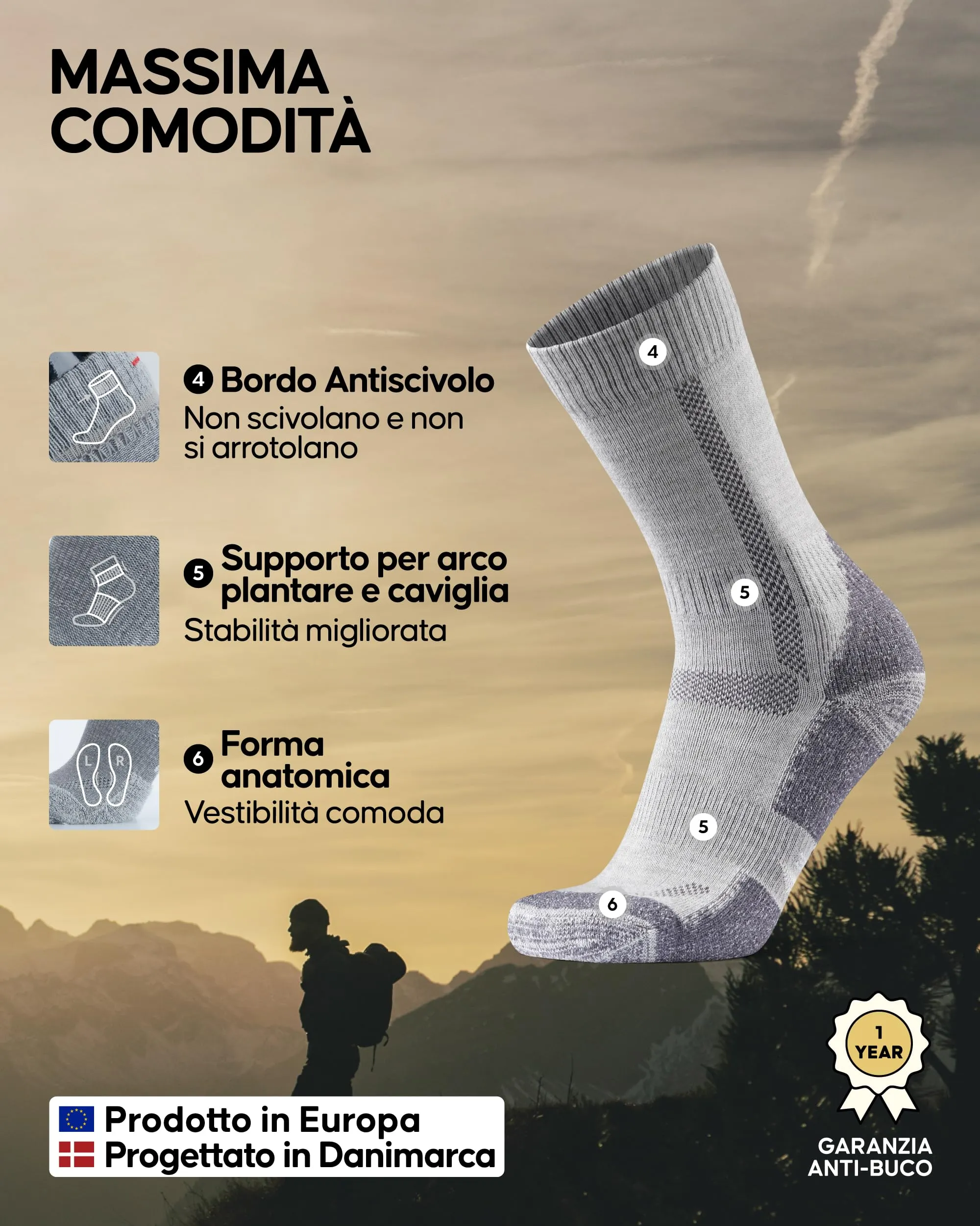 Danish Endurance Calze Trekking Lana Merino, 5 Paia, Multicolore, 35-38 - immagine 3