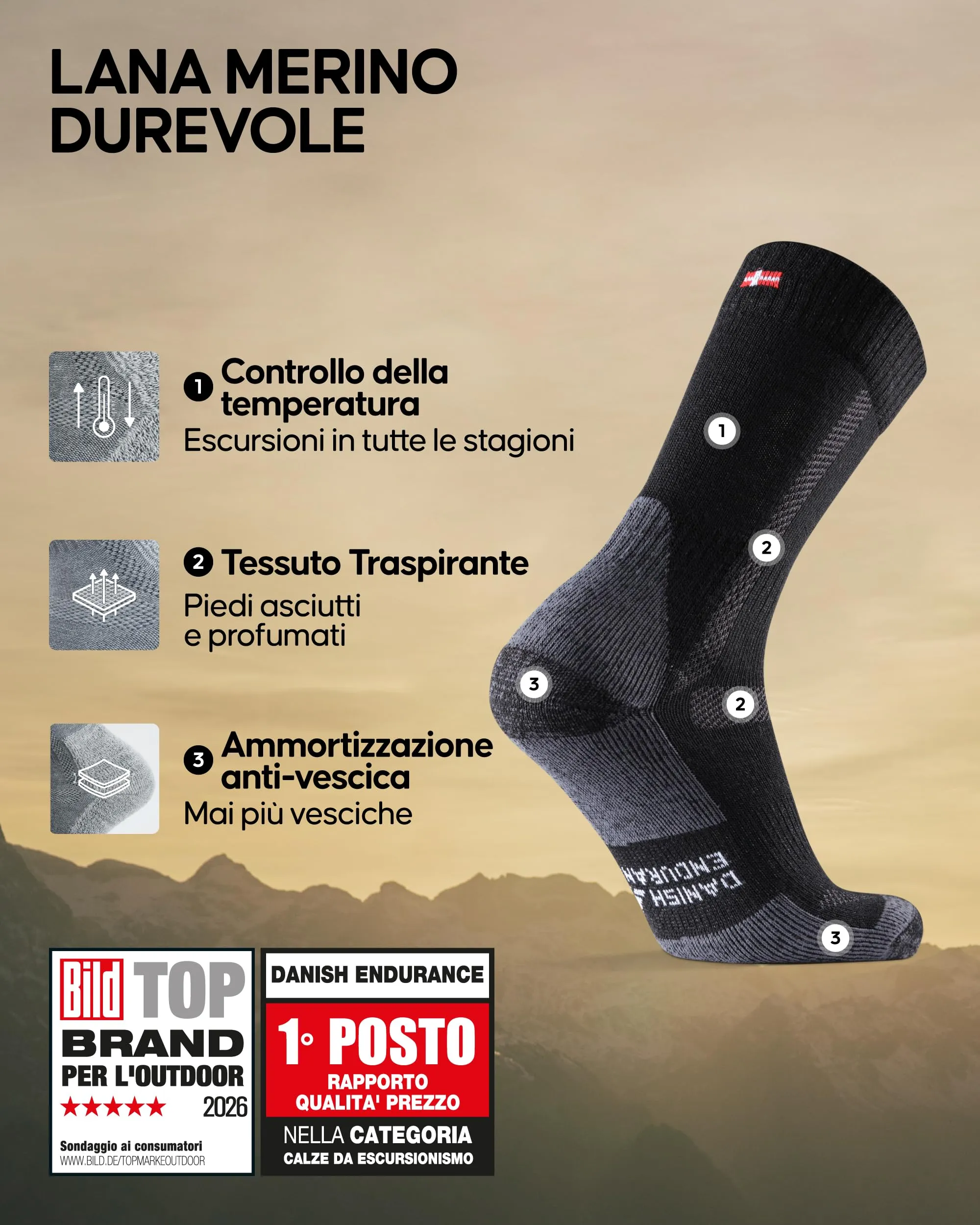 Danish Endurance Calze Trekking Lana Merino, 5 Paia, Nero/Grigio, 39-42 - immagine 2