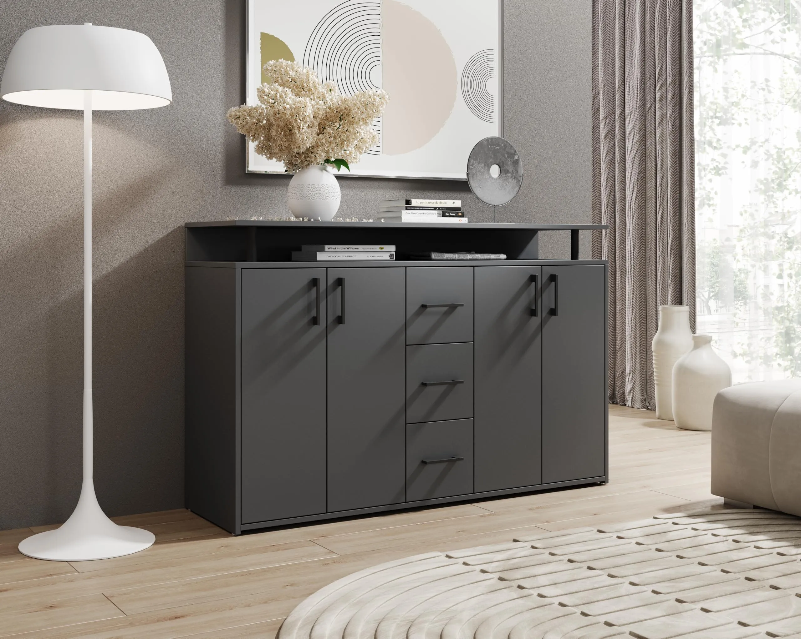 Avanti Trendstore Doro - Cassettiera da ingresso, comò portaoggetti con 4 ante e 3 cassetti in legno truciolare, 139x90x34 cm - immagine 7