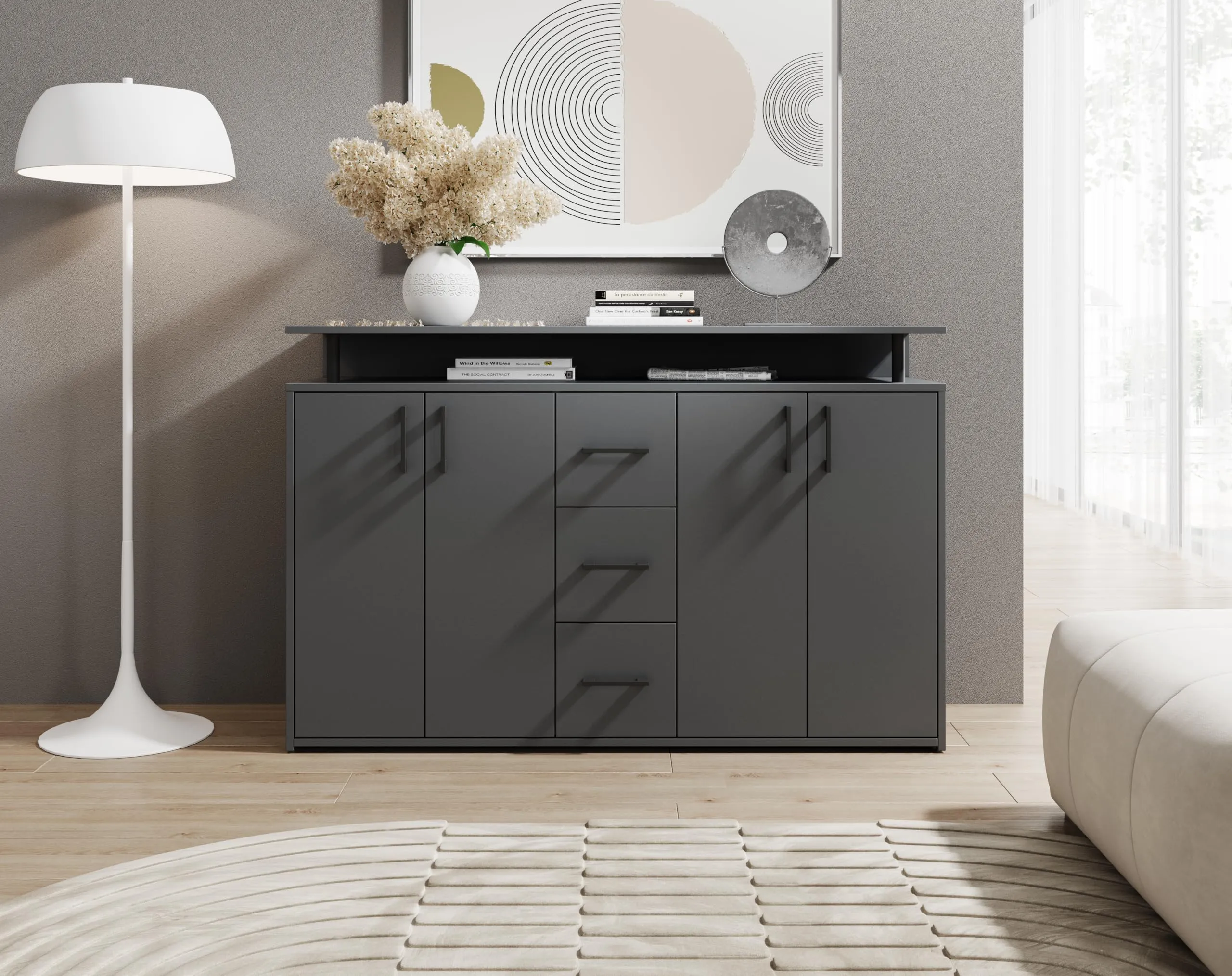 Avanti Trendstore Doro - Cassettiera da ingresso, comò portaoggetti con 4 ante e 3 cassetti in legno truciolare, 139x90x34 cm - immagine 8