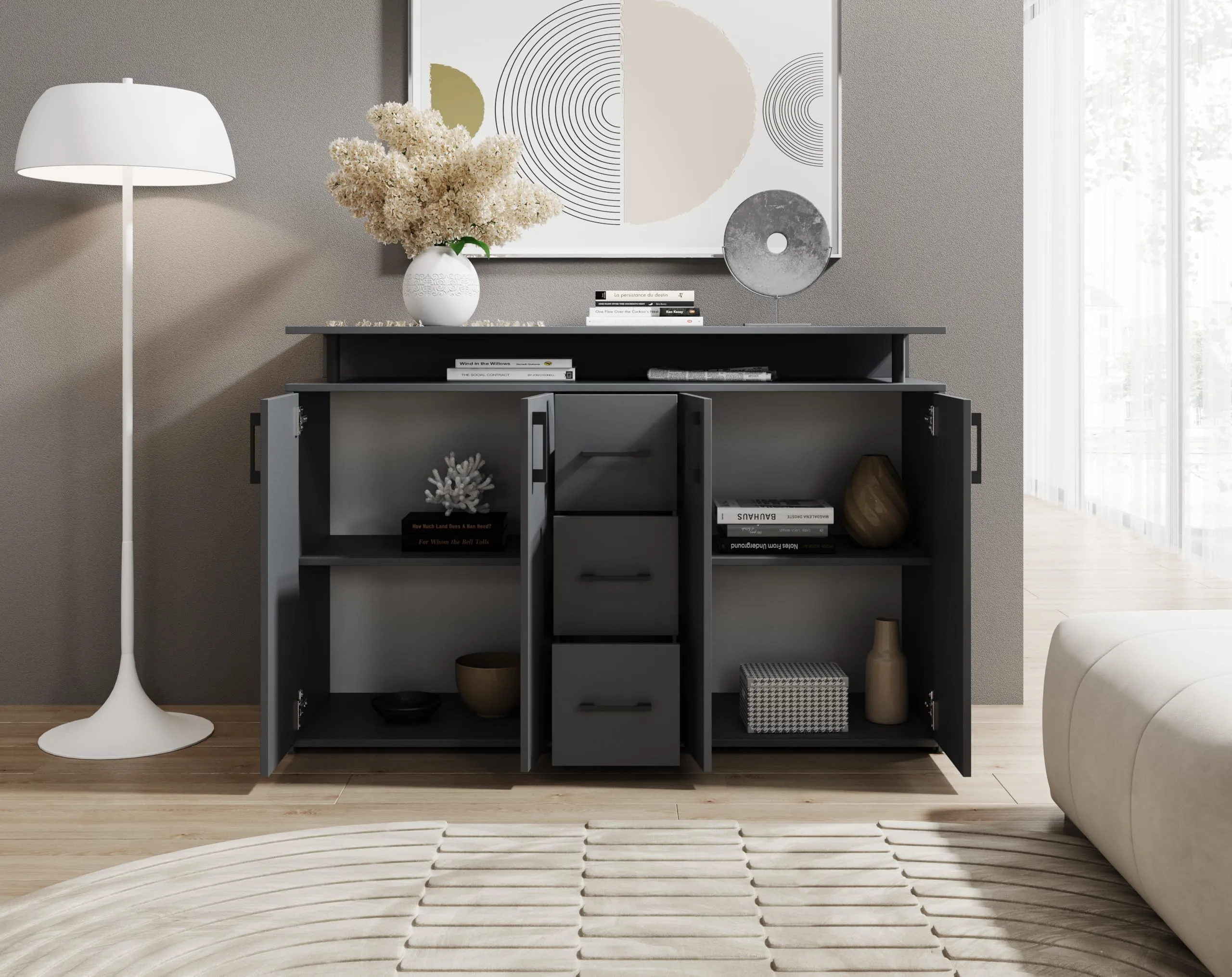 Avanti Trendstore Doro - Cassettiera da ingresso, comò portaoggetti con 4 ante e 3 cassetti in legno truciolare, 139x90x34 cm - immagine 9