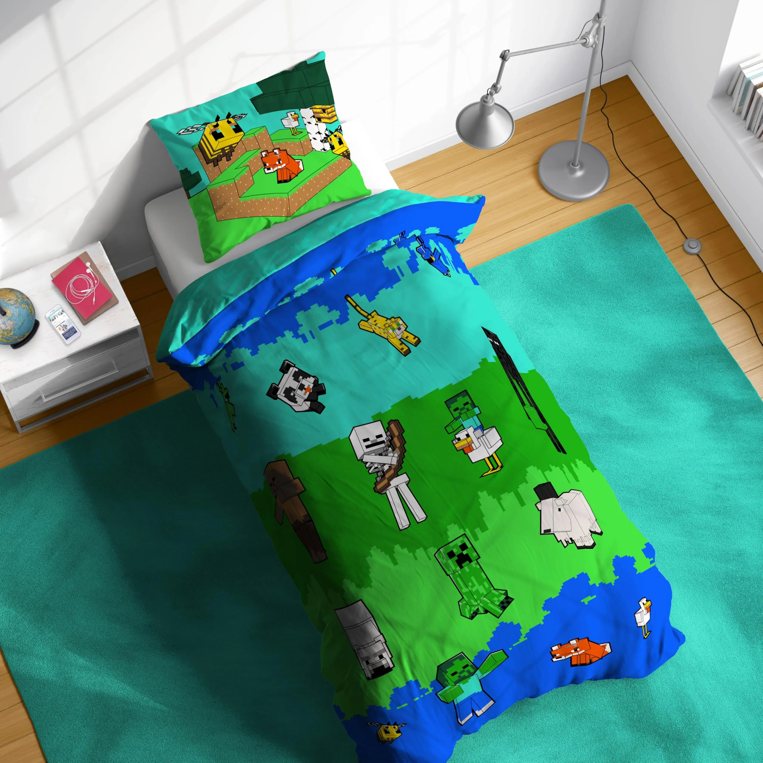 Jay Franco Mojang Minecraft Set Biancheria da Letto per Bambini, Copripiumino e Federa, Letto Singolo, Multicolore, 2 Pezzi - immagine 2