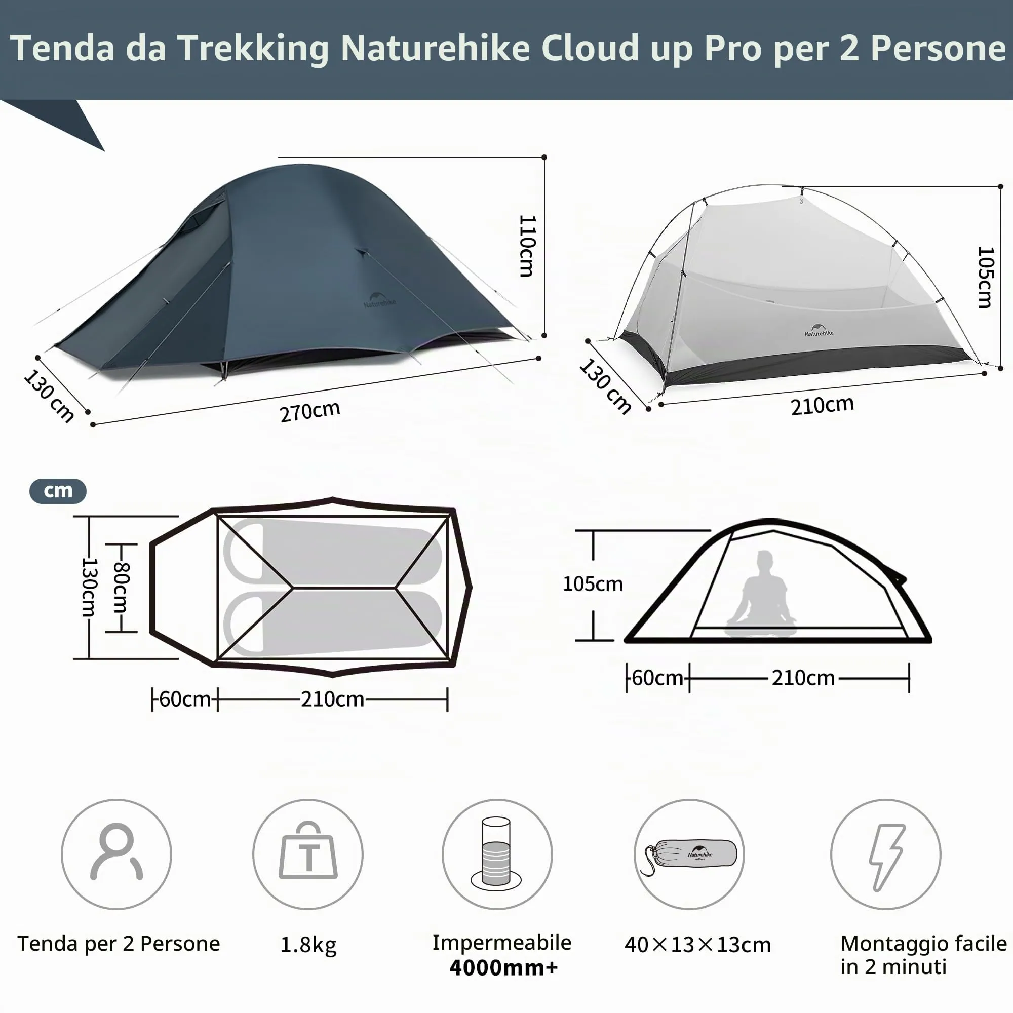 Naturehike Cloud Up 2 Pro Tenda da Campeggio Leggera per 2 Persone, Blu - immagine 2