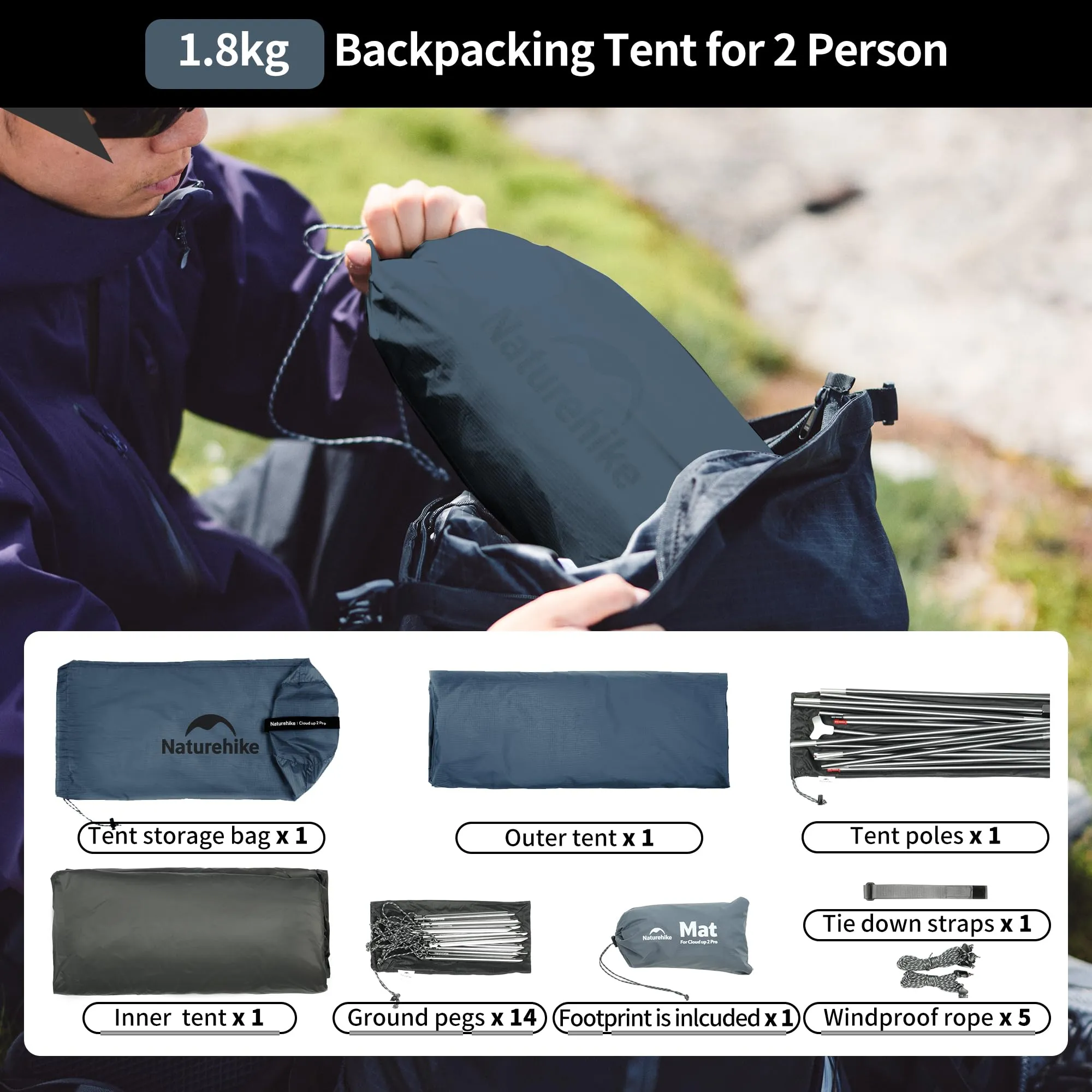 Naturehike Cloud Up 2 Pro Tenda da Campeggio Leggera per 2 Persone, Blu - immagine 6