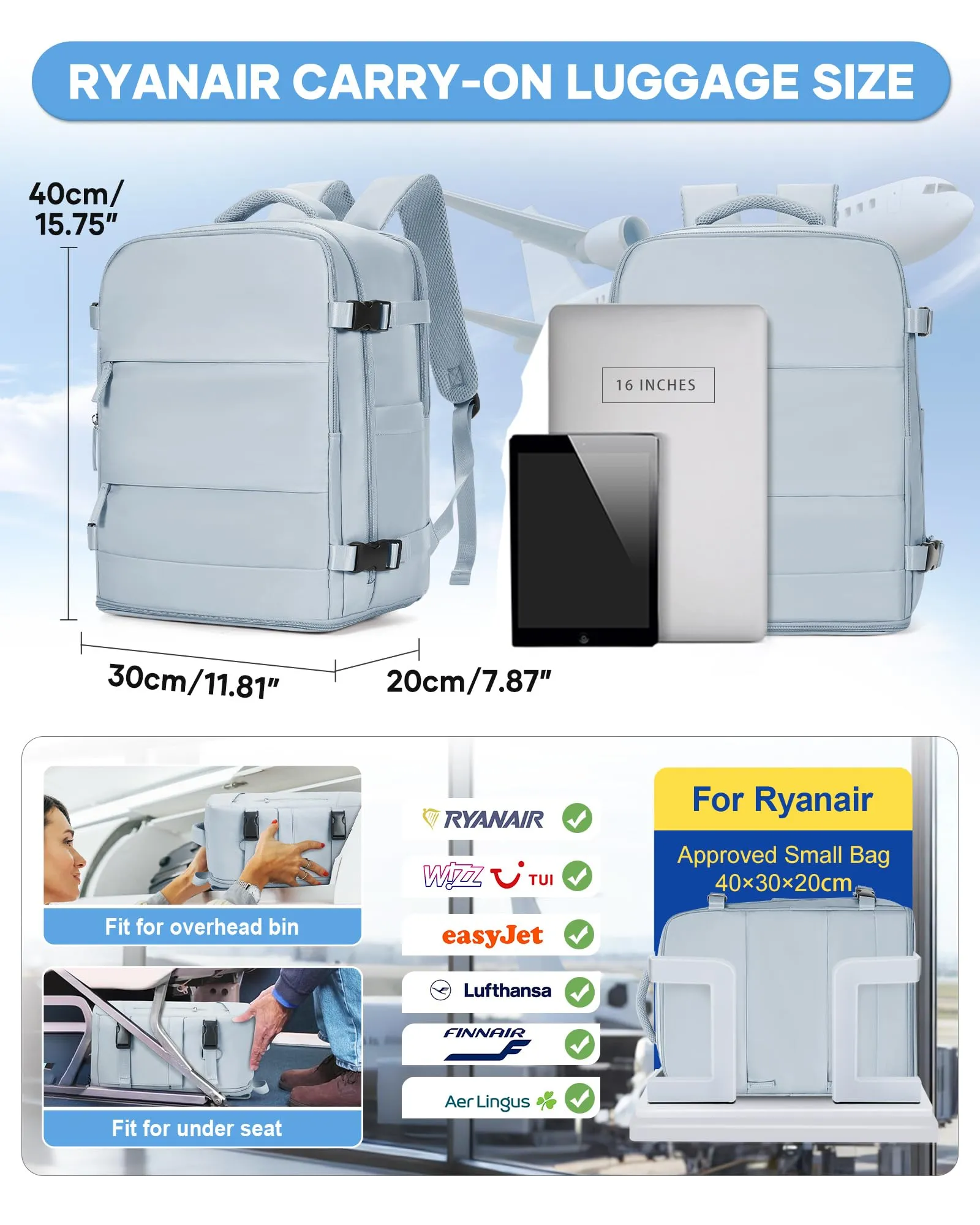 BJLFS Zaino da Viaggio 40x30x20 Sottovuoto con Pompa per Ryanair e Wizzair - immagine 3