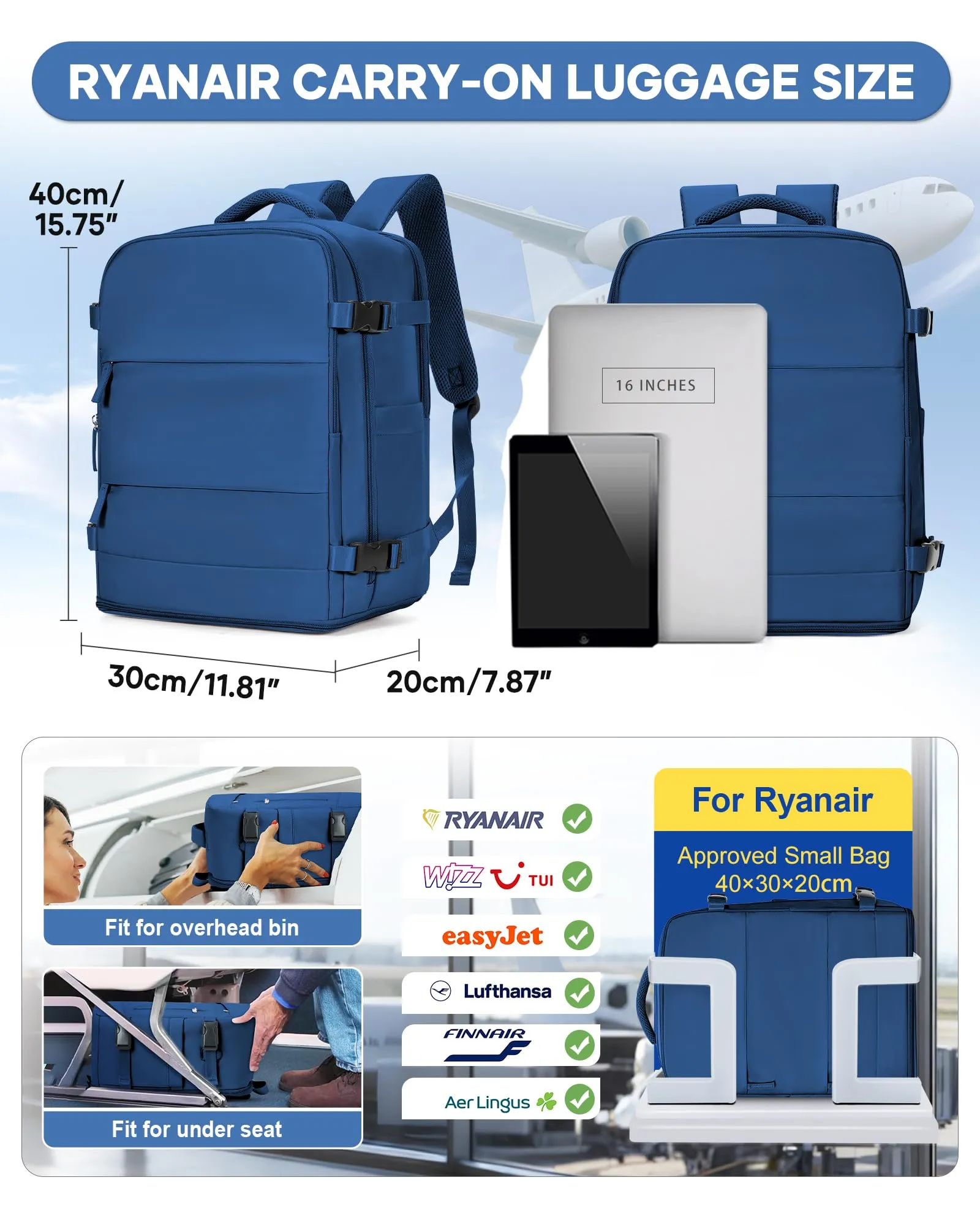 BJLFS Zaino da Viaggio Ryanair 40x30x20 Sottovuoto con Pompa - immagine 3